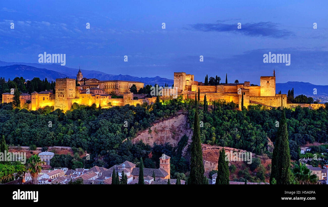 Panorama der Alhambra von Mirador de San Nicolas, Granada, Spanien Stockfoto