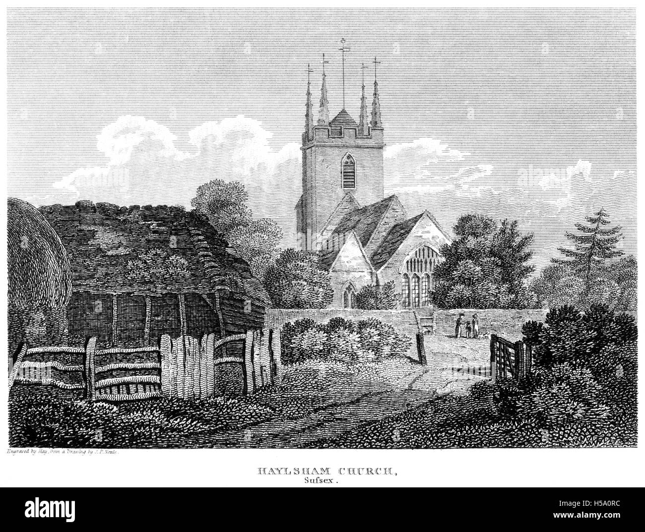 Eine Gravur der Haylsham (Hailsham) Kirche, Sussex mit hoher Auflösung aus einem Buch gescannt gedruckt im Jahre 1812. Stockfoto