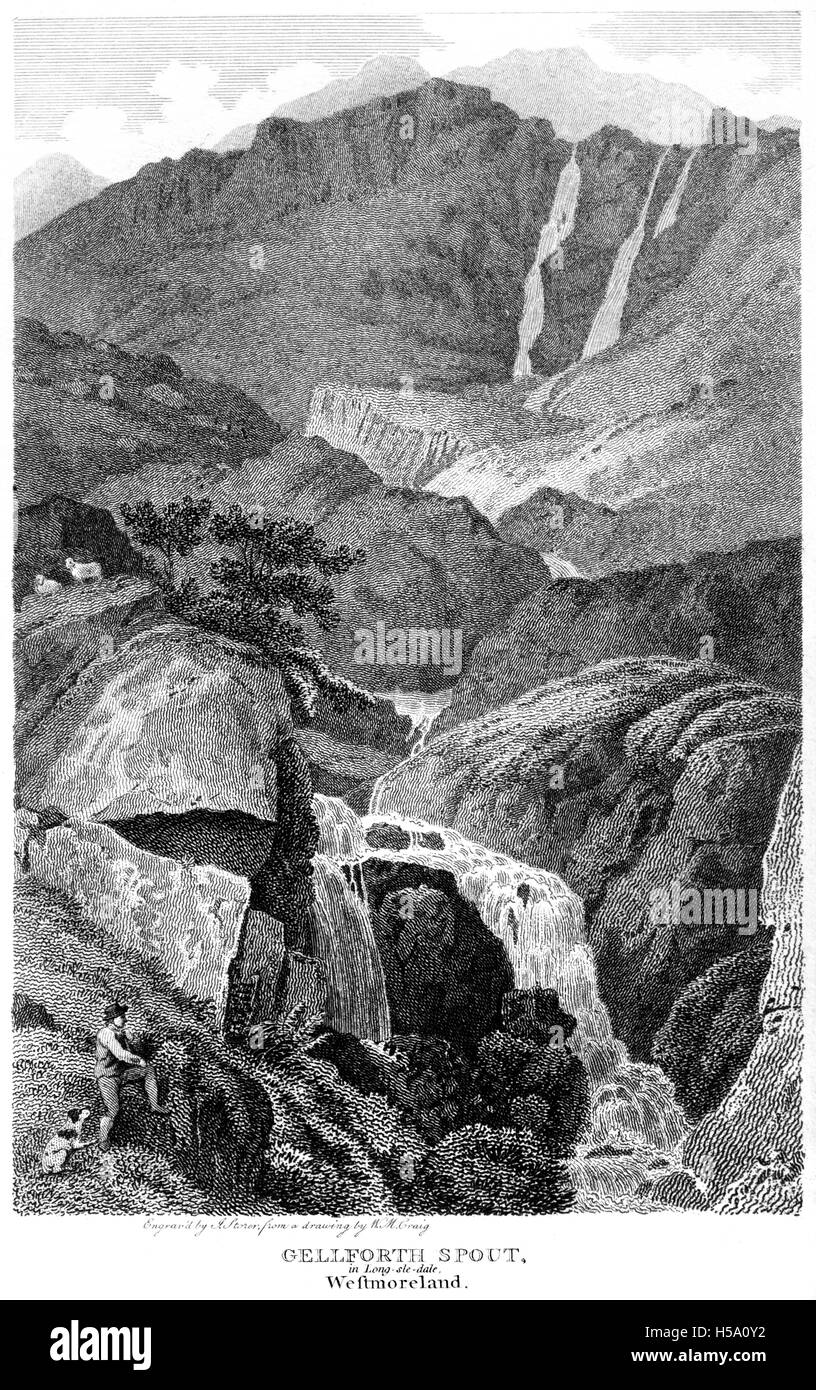 Eine Gravur der Landschaft in Gellforth Spout, in Long-sle-dale, Westmoreland (Longsleddale, Cumbria), gescannt in hoher Auflösung aus einem Buch von 1812. Stockfoto