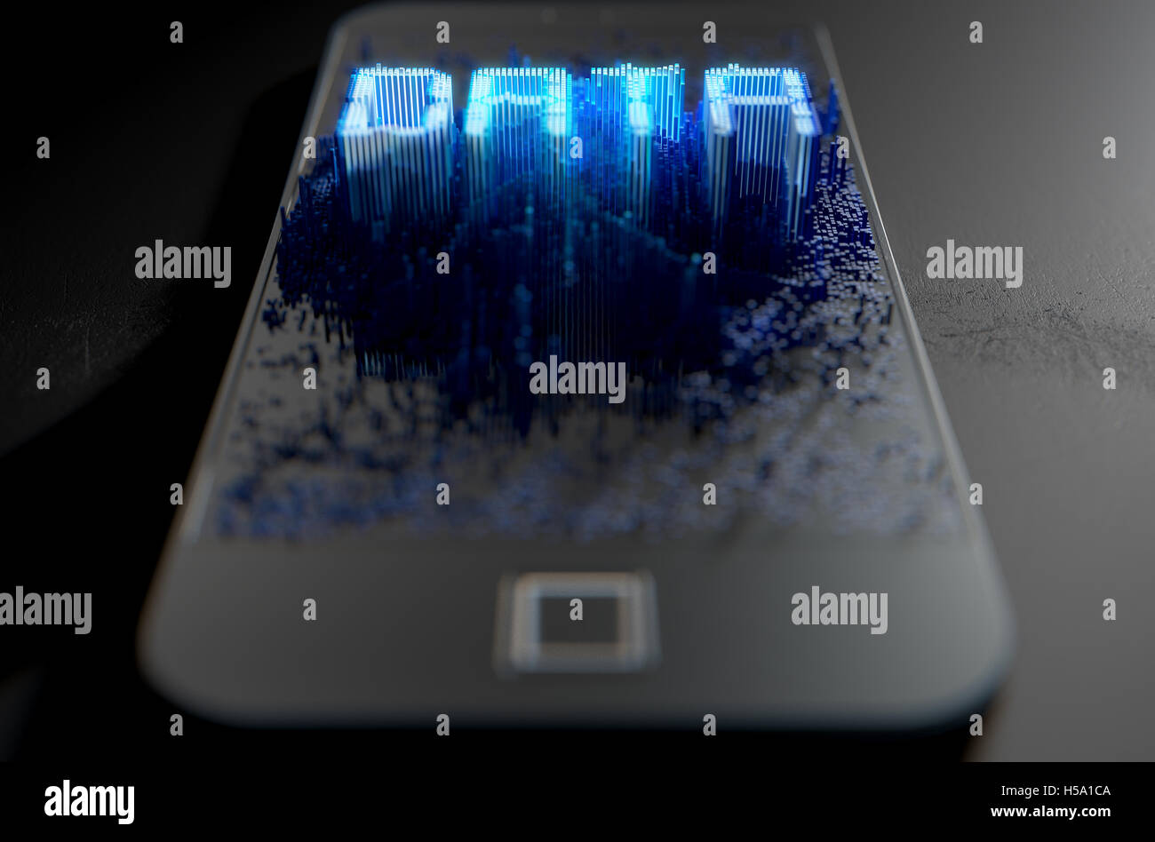 Ein 3D Rendering eines modernen generische Smartphone-Bildschirms ausgehend kleine Pixel nach dem Zufallsprinzip Stockfoto