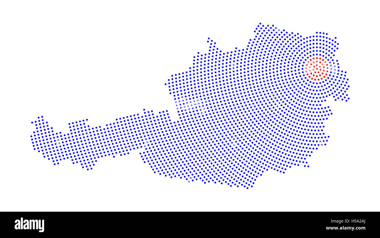 Österreich-Karte radial Punktmuster. Blaue Punkte gehen von den roten gepunkteten Hauptstadt Vienna nach außen und bilden die Land-Silhouette. Stockfoto