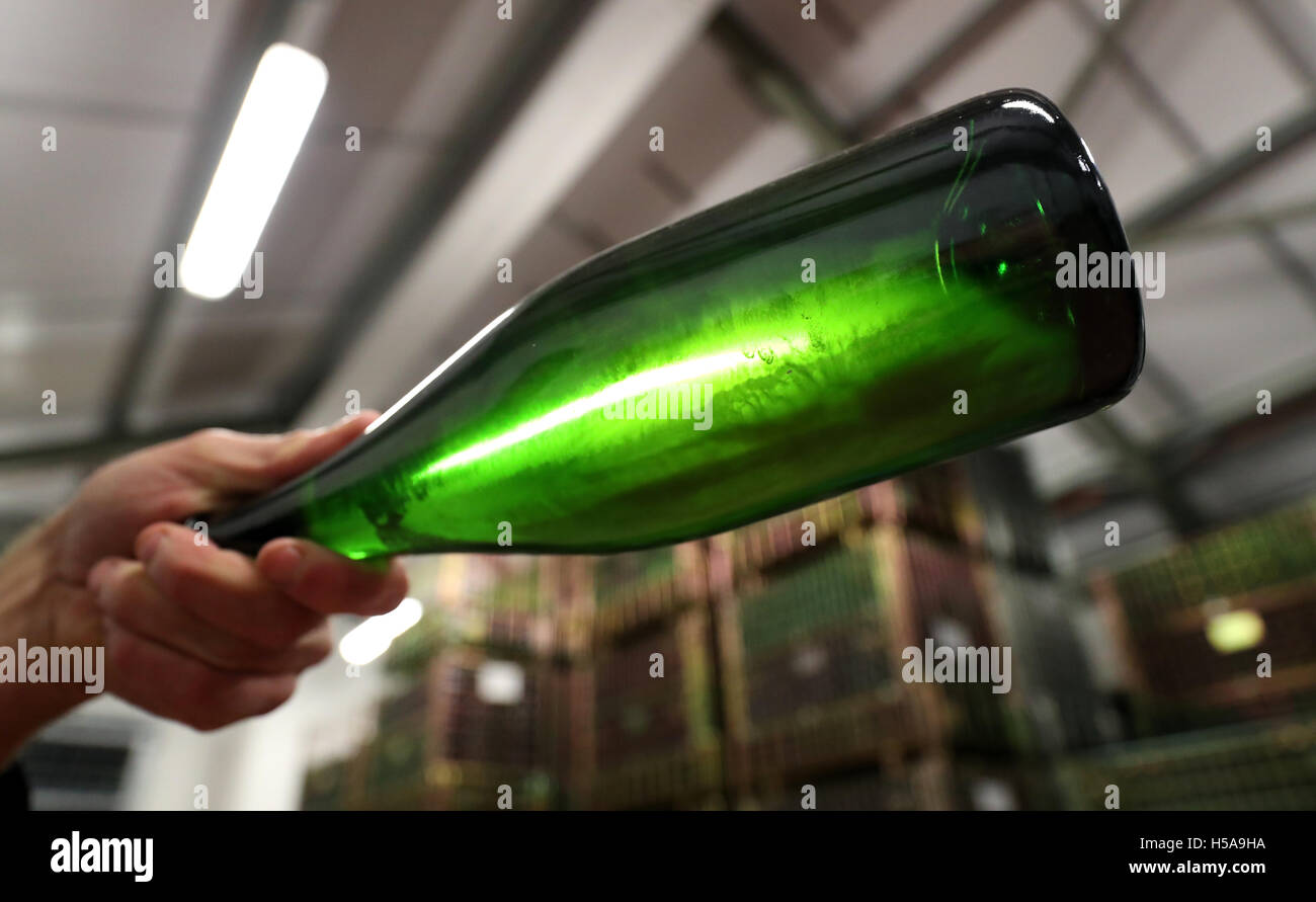 Eine Flasche Sekt ist gehalten, das Licht, das Sediment im Inneren, in Hattingley Valley Winery in Hampshire, zeigen, da die Erntezeit in Gang kommt. Stockfoto