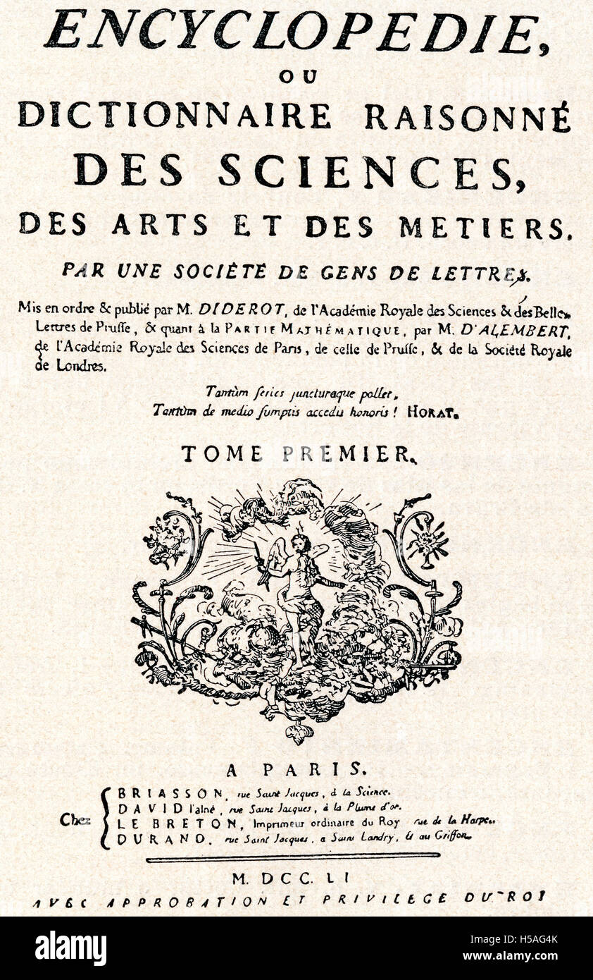 Die Titelseite von Denis Diderots Encyclopédie, ou dictionnaire raisonné des Sciences, des Arts et des métiers. Enzyklopädie oder ein systematisches Wörterbuch der Wissenschaften Kunst und Handwerk. Stockfoto