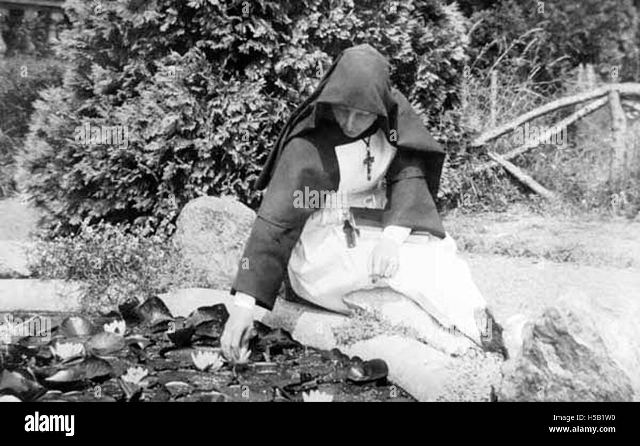 Dieses Foto zeigt eine Nonne, die in der Nähe eines Seerosenteichs steht und eine friedliche und ruhige religiöse Szene in einer natürlichen Umgebung bietet. Stockfoto