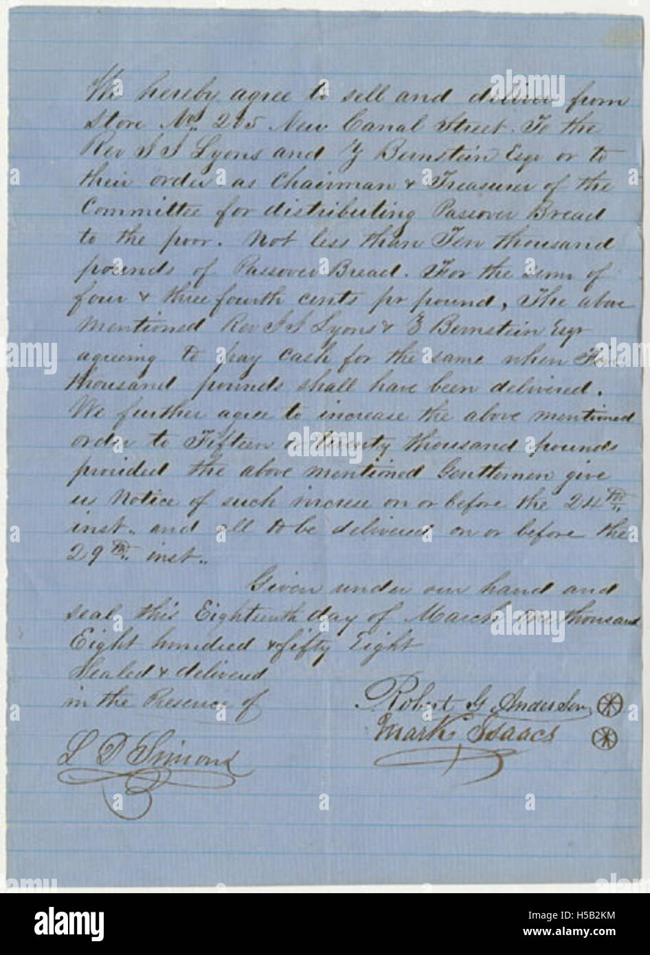 Aufzeichnungen der Association for Free Distribution of Matsot to the Poor in New York, von 1855 bis 1858. Diese Organisation stellte Matzen für die Armen während des Pessach zur Verfügung, eine wichtige karitative Anstrengung in der jüdischen Gemeinde. Stockfoto
