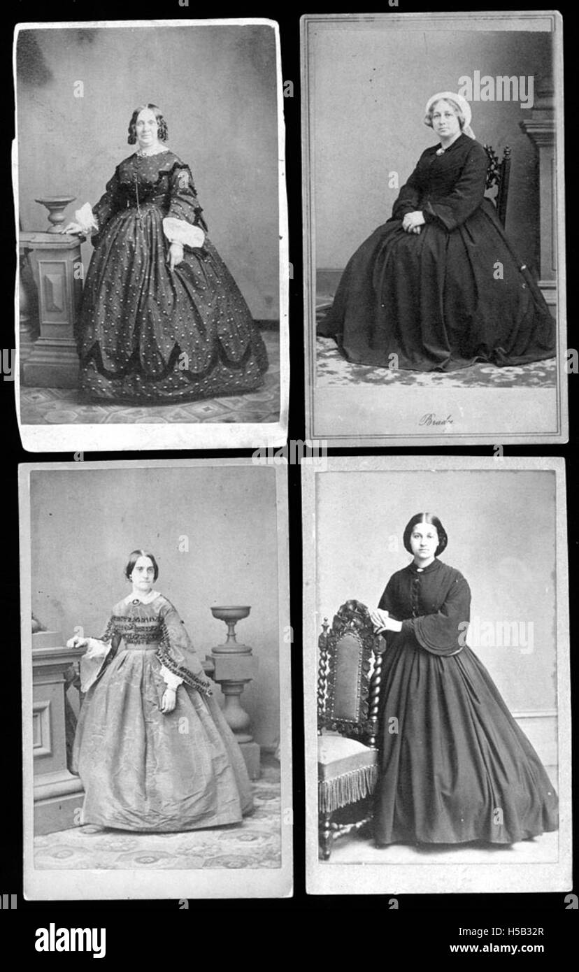 Dieses Foto zeigt ein Porträt von Rebecca Phillips, einer Frau aus dem 19. Jahrhundert, die vier Kleider trägt. Es ist Teil einer Sammlung, die die Geschichte und Mode der Frauen im 19. Jahrhundert dokumentiert und von der American Jewish Historical Society gehalten wird. Stockfoto