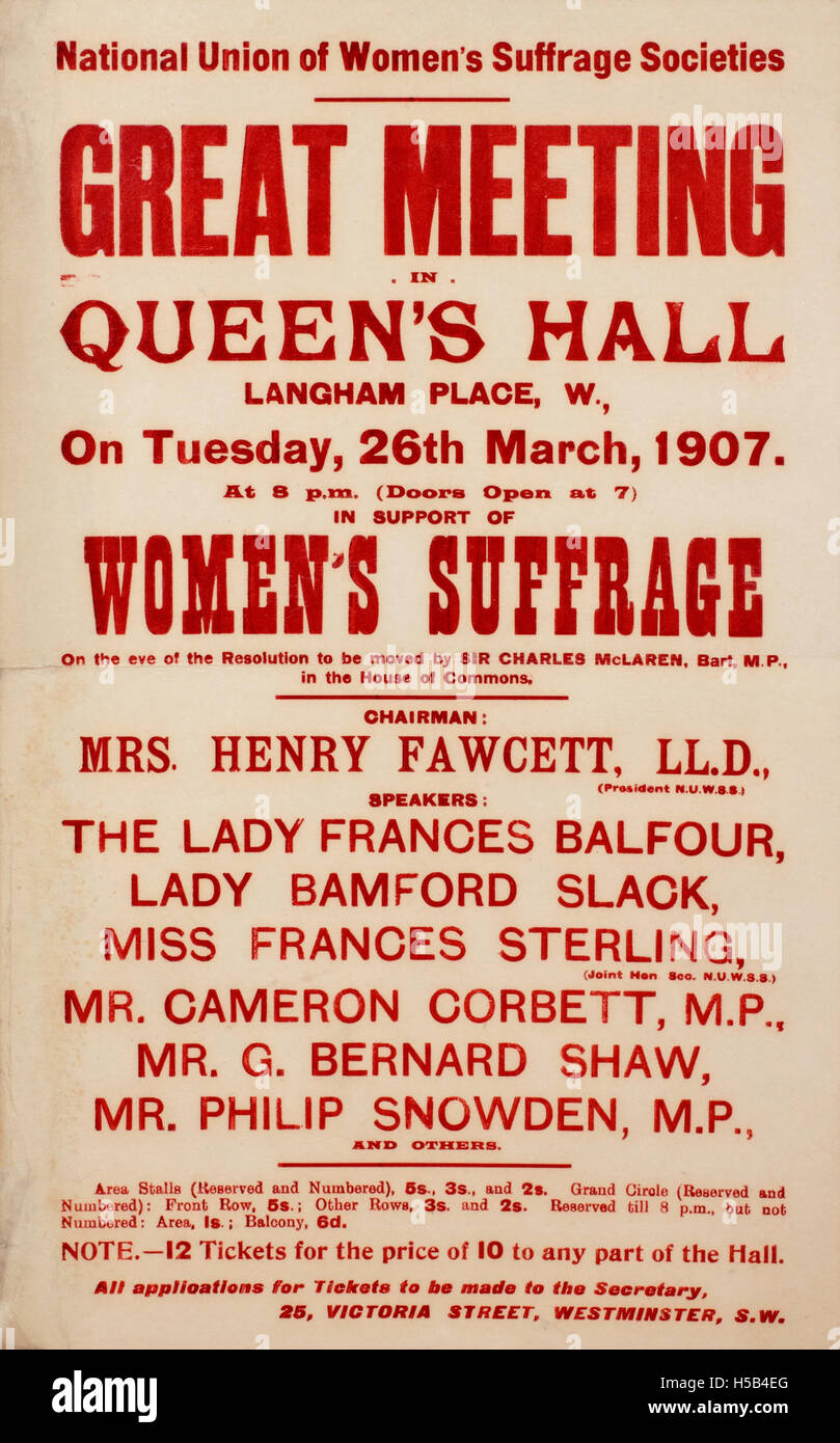 Dieses Bild bezieht sich auf Wahlrechtsversammlungen der National Union of Women's Suffrage Societies, einschließlich einer bedeutenden Veranstaltung in der Queen's Hall am 26. März 1907. Die Versammlung konzentrierte sich auf die Rechte der Frauen und das Frauenwahlrecht. Stockfoto