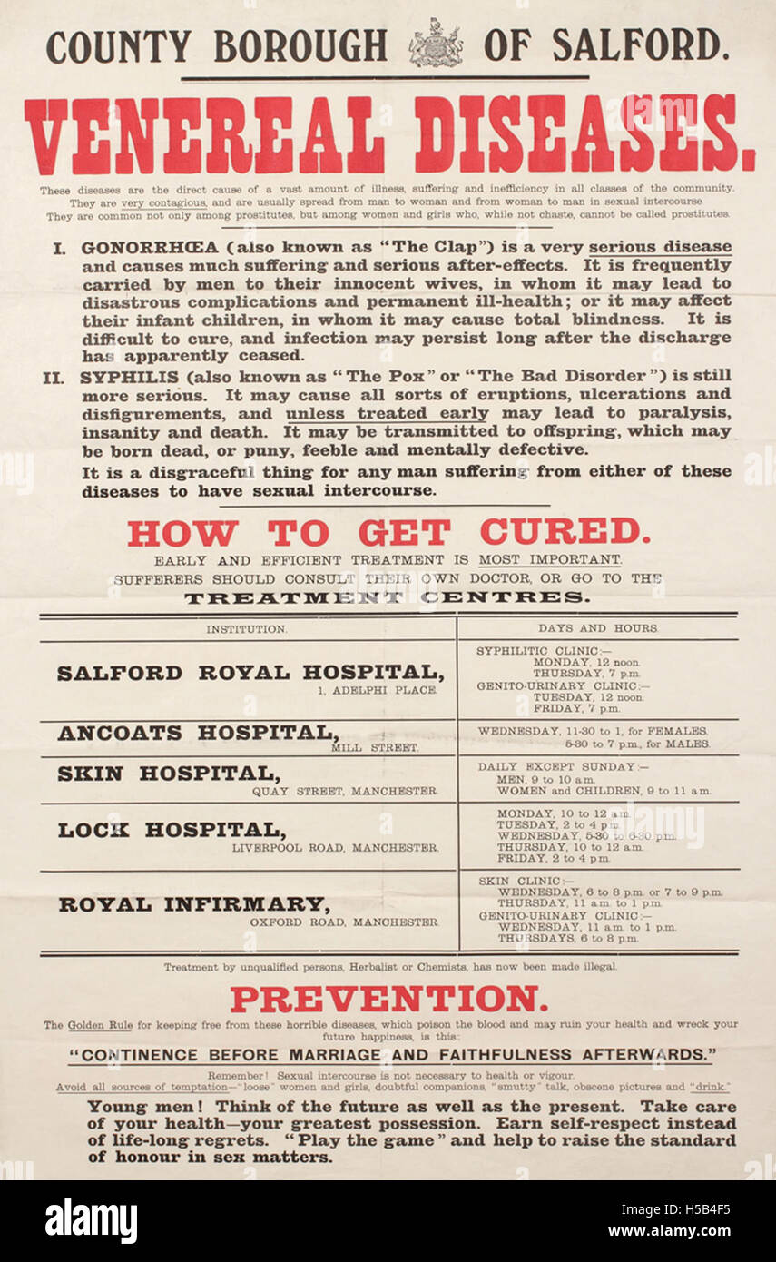 Ein Poster für die öffentliche Gesundheit aus dem County Borough of Salford im Jahr 1920, das vor Geschlechtskrankheiten warnte und die gesundheitlichen Probleme dieser Zeit hervorhob. Stockfoto