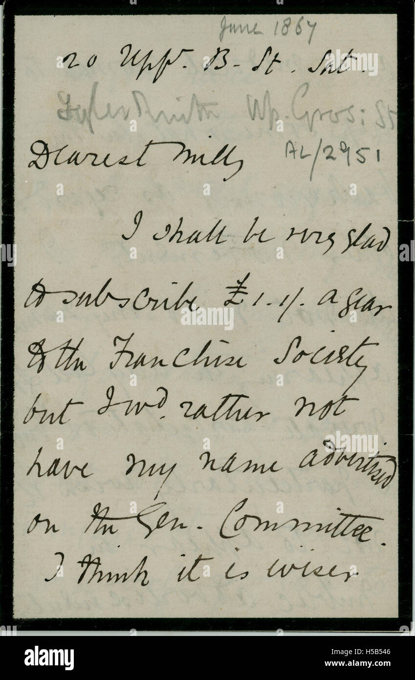 Ein Brief von Elizabeth Garrett Anderson an Millicent Garret Fawcett, in dem sie wahrscheinlich über ihren gemeinsamen Aktivismus und ihre Beteiligung an den Frauenrechten im späten 19. Und frühen 20. Jahrhundert diskutieren. Stockfoto