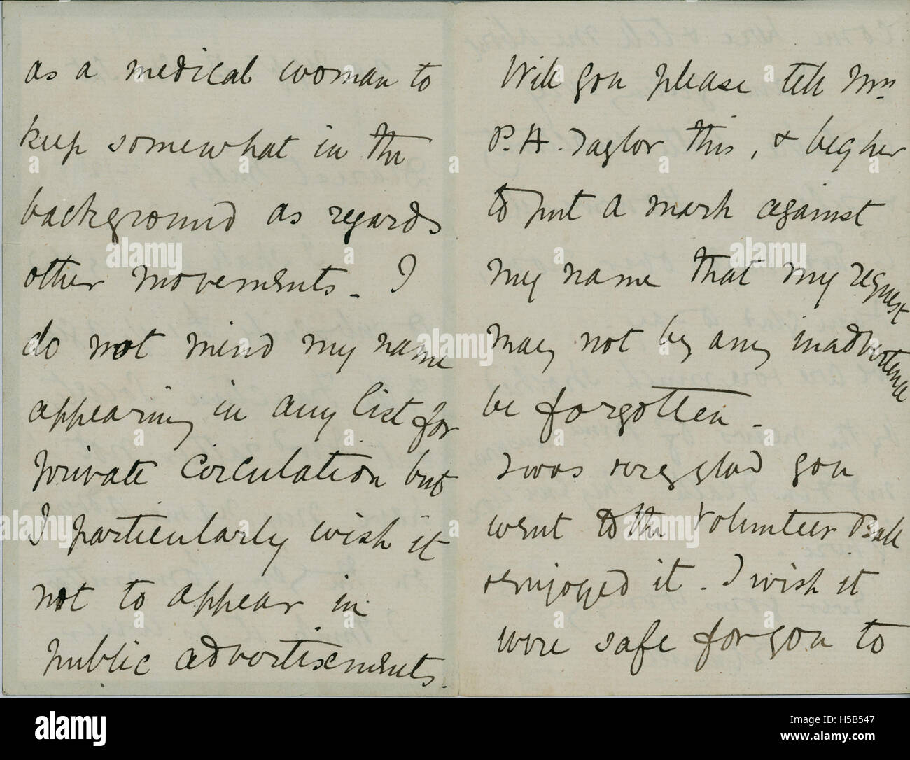 Ein historischer Brief oder Dokument von Elizabeth Garrett Anderson an Millicent Garret Fawcett, zwei prominente Persönlichkeiten der Frauenwahlrechtsbewegung. Der Brief gibt Einblicke in ihre Korrespondenz und gemeinsame Bemühungen um die Rechte der Frauen. Stockfoto