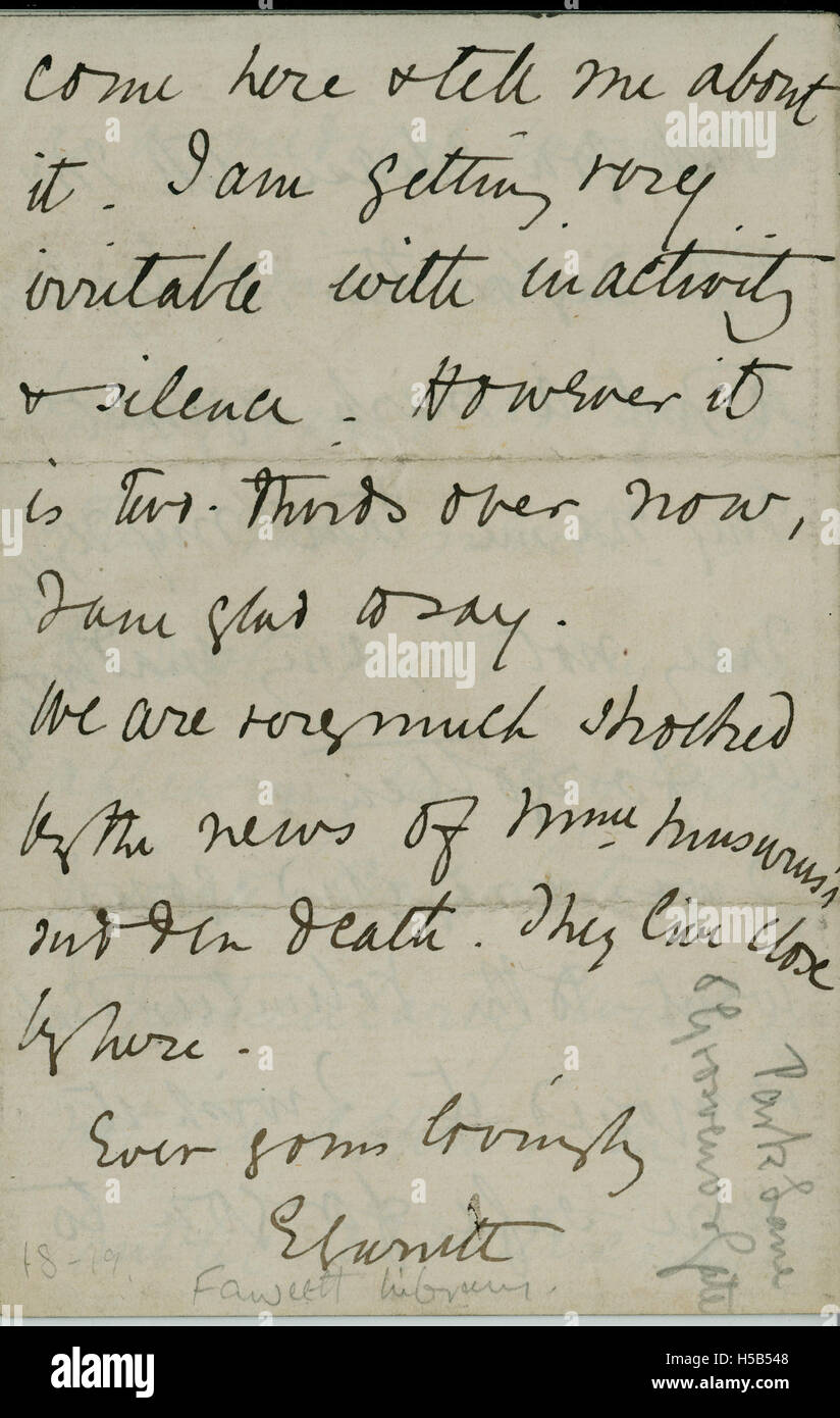 Ein Brief von Elizabeth Garrett Anderson an Millicent Garret Fawcett, zwei Pionieraktivistinnen für Frauenwahlrecht, die Einblicke in ihre Korrespondenz und ihre Beiträge zur Frauenrechtsbewegung in Großbritannien geben. Stockfoto