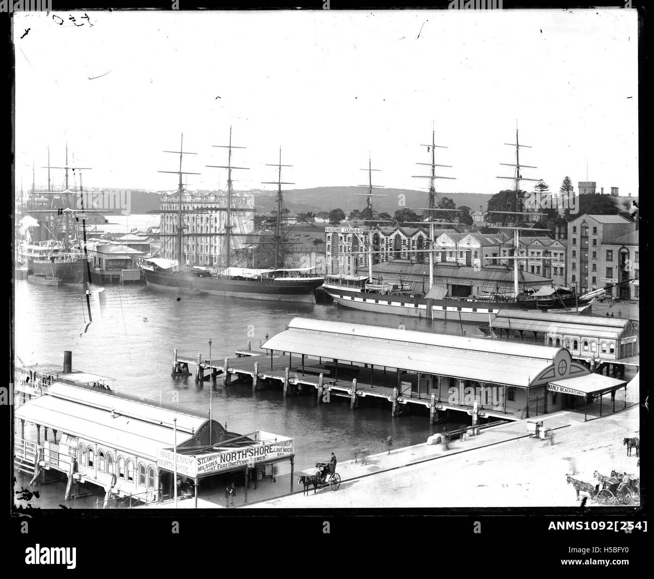 Der Circular Quay ist ein zentraler Verkehrsknotenpunkt im Hafen von Sydney, bekannt für seine berühmte Aussicht auf das Sydney Opera House und die Sydney Harbour Bridge. Es ist ein wichtiger Standort für Fähren, Busse und Züge. Stockfoto