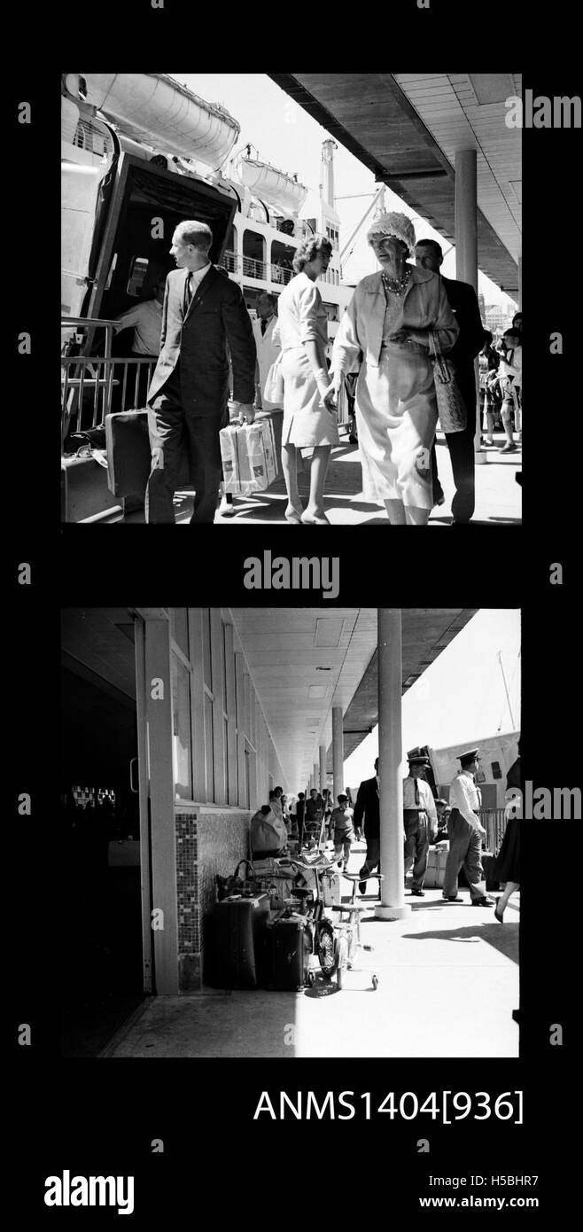 Dieses zweirahmige Foto zeigt Passagiere, die zwischen 1946 und 1962 auf dem P&O-Liner Oronsay eingestiegen sind. Das Bild zeigt die transatlantische Reise der Epoche und die Bedeutung der Kreuzfahrtschiffe als Verkehrsträger des internationalen Verkehrs Mitte des 20. Jahrhunderts. Stockfoto