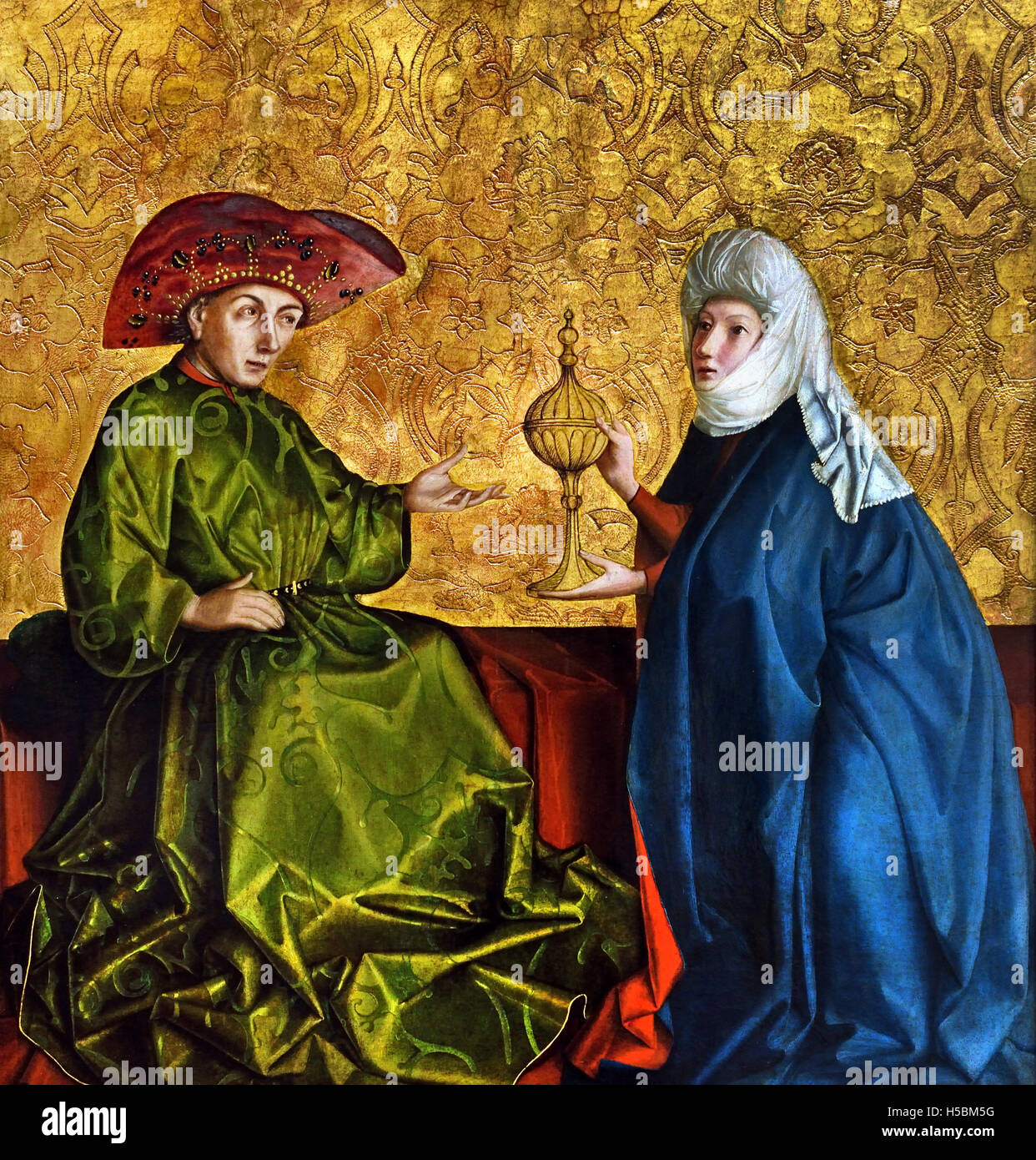 Die Königin von Saba vor Solomon 1435 Konrad Witz 1400-1446 Deutschland. Die Königin von Sheba, die hebräische Bibel. Sie bringt eine Karawane mit wertvollen Geschenken für den israelischen König Salomon. Stockfoto