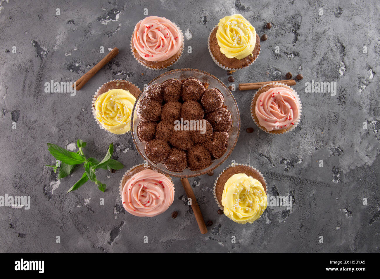 Cupcakes und Tiramisu auf grauem Stein Hintergrund. Stockfoto
