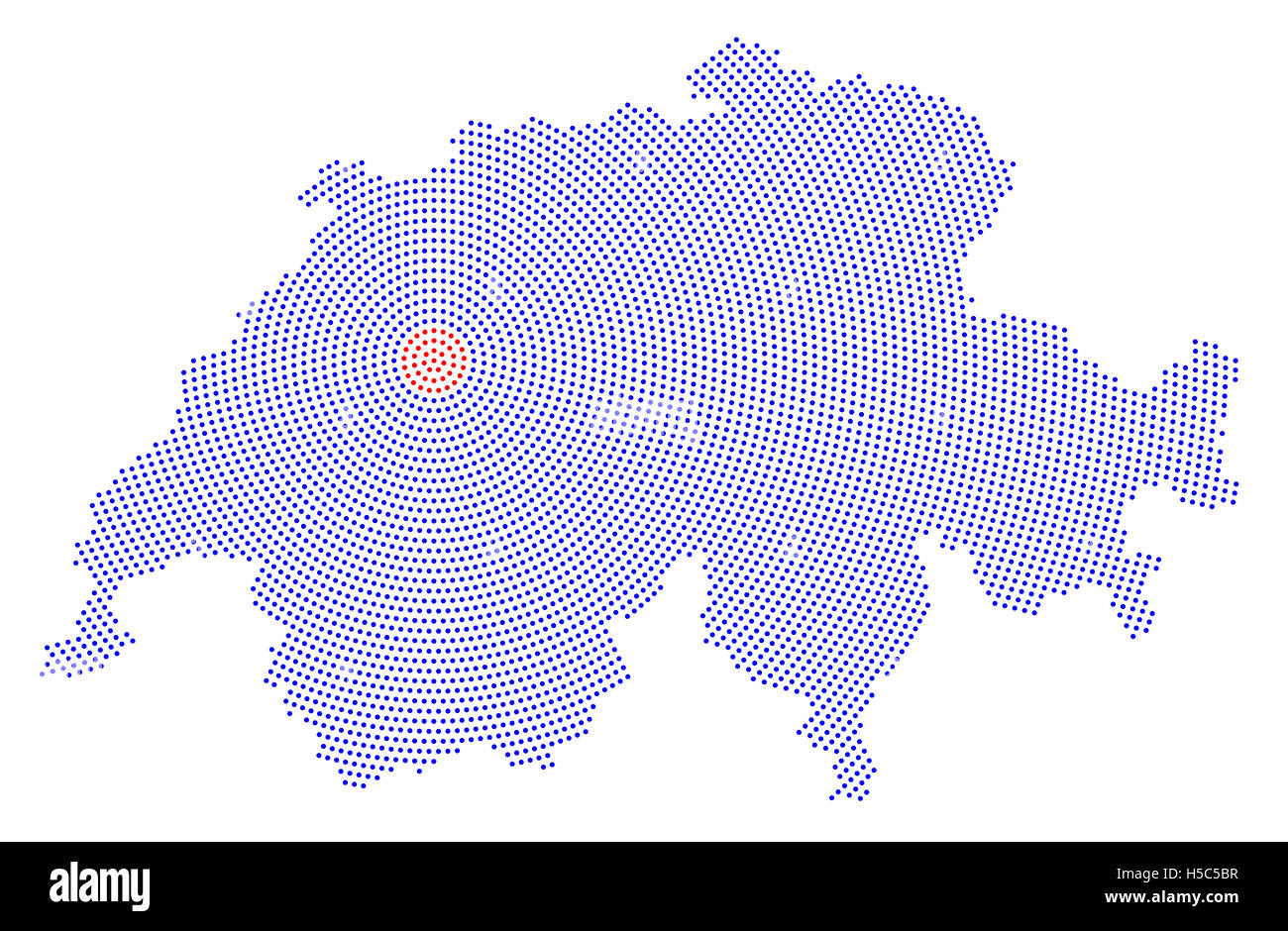Schweiz-Karte radial Punktmuster. Blaue Punkte gehen von den roten gepunkteten Hauptstadt Bern nach außen und bilden die Land-Silhouette. Stockfoto