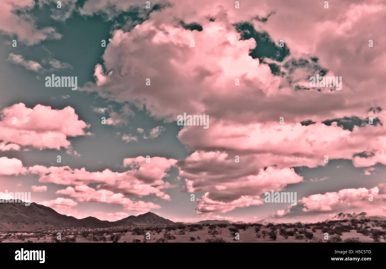 Traumhafte Landschaft im Infrarotbereich.  Fotografie von Wolken und Landschaft in dramatischen Licht. Digital eingestellt. Stockfoto