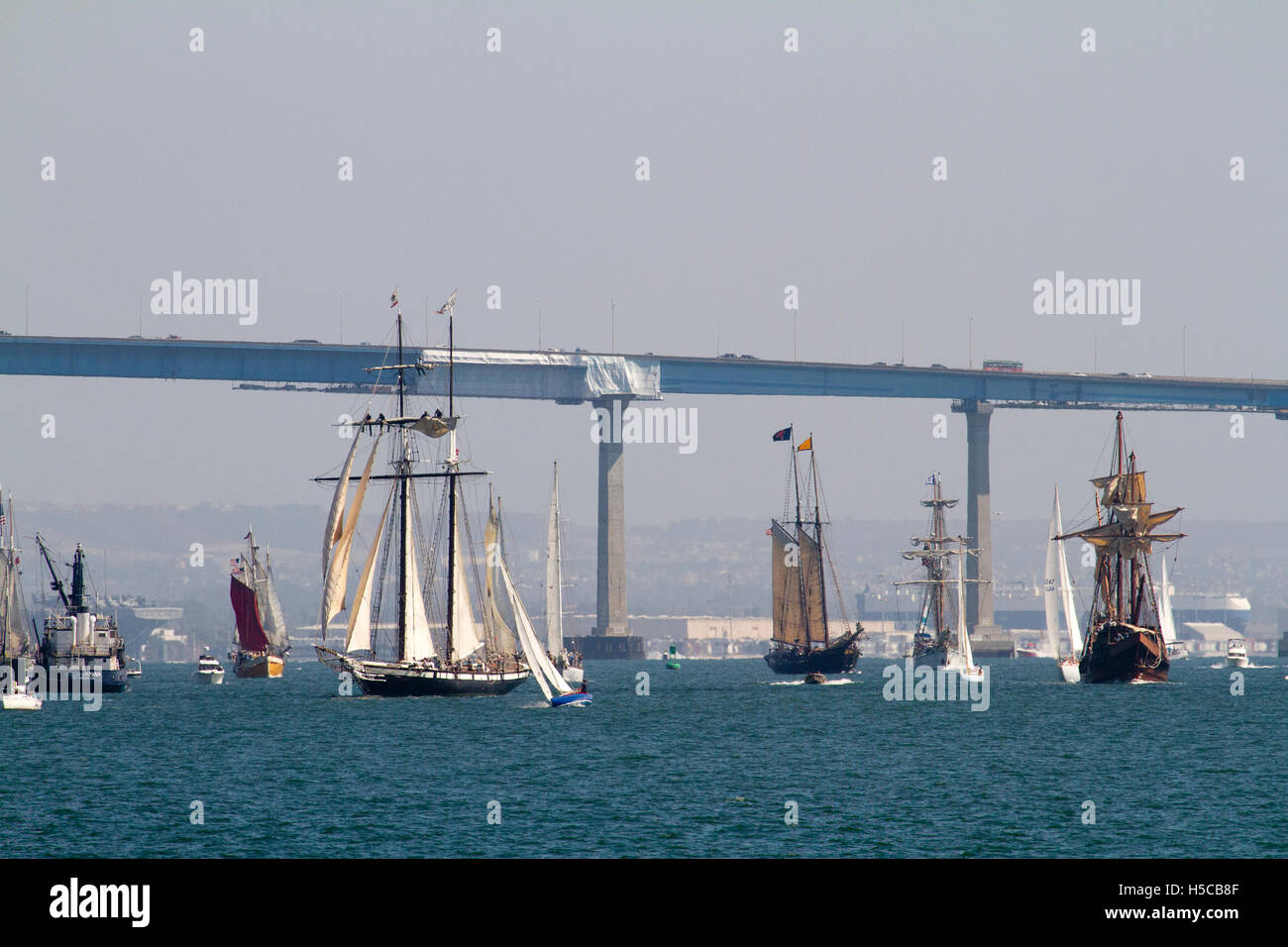 Mehrere große Schiffe in San Diego Bay im Jahr 2016 Festival von Segeln, Parade der Schiffe, CA Stockfoto
