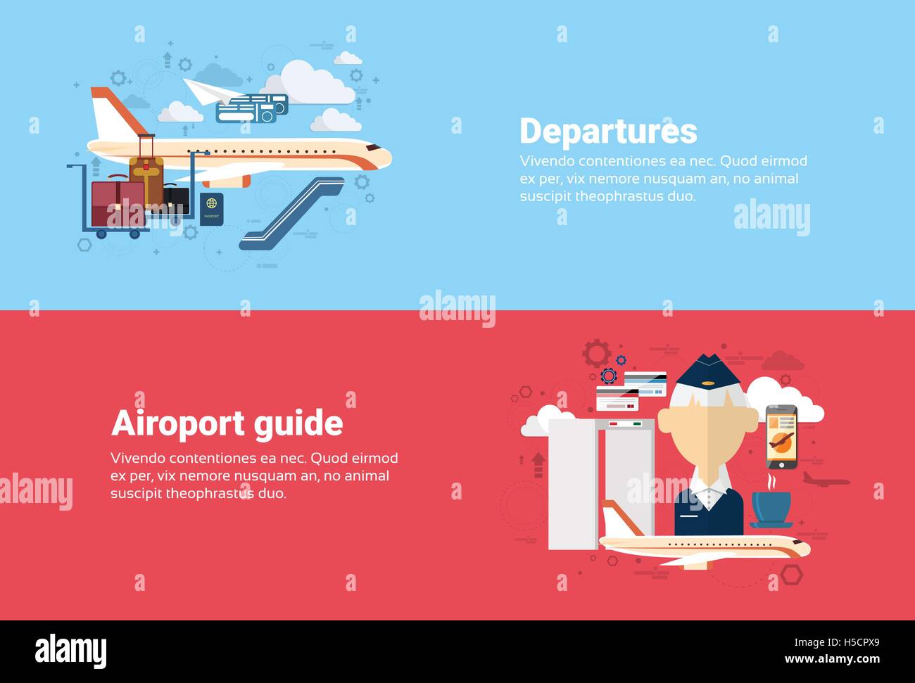 Flughafen Guide Abfahrt Flugzeug Transport Luft Tourismus Web-Banner Stock Vektor