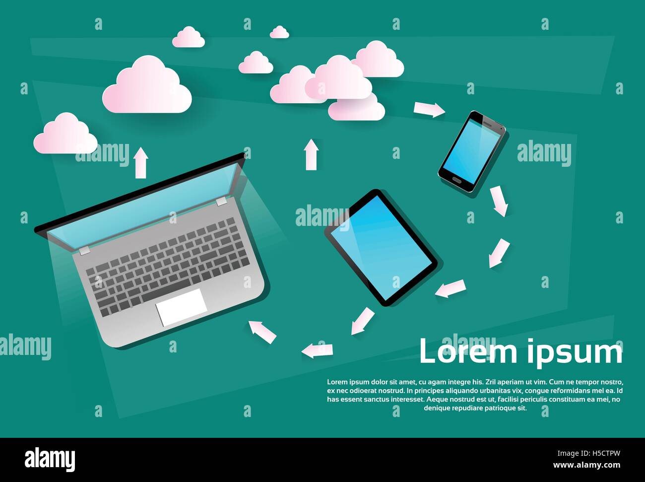 Laptop Computer Tablet Handy Smartphone Cloud Datenbank Daten-Synchronisation Stock Vektor