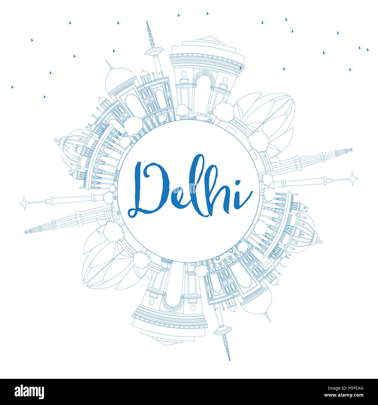 Umriss-Delhi Skyline mit blauen Gebäuden und Textfreiraum. Vektor-Illustration. Geschäftsreisen und Tourismus-Konzept Stock Vektor
