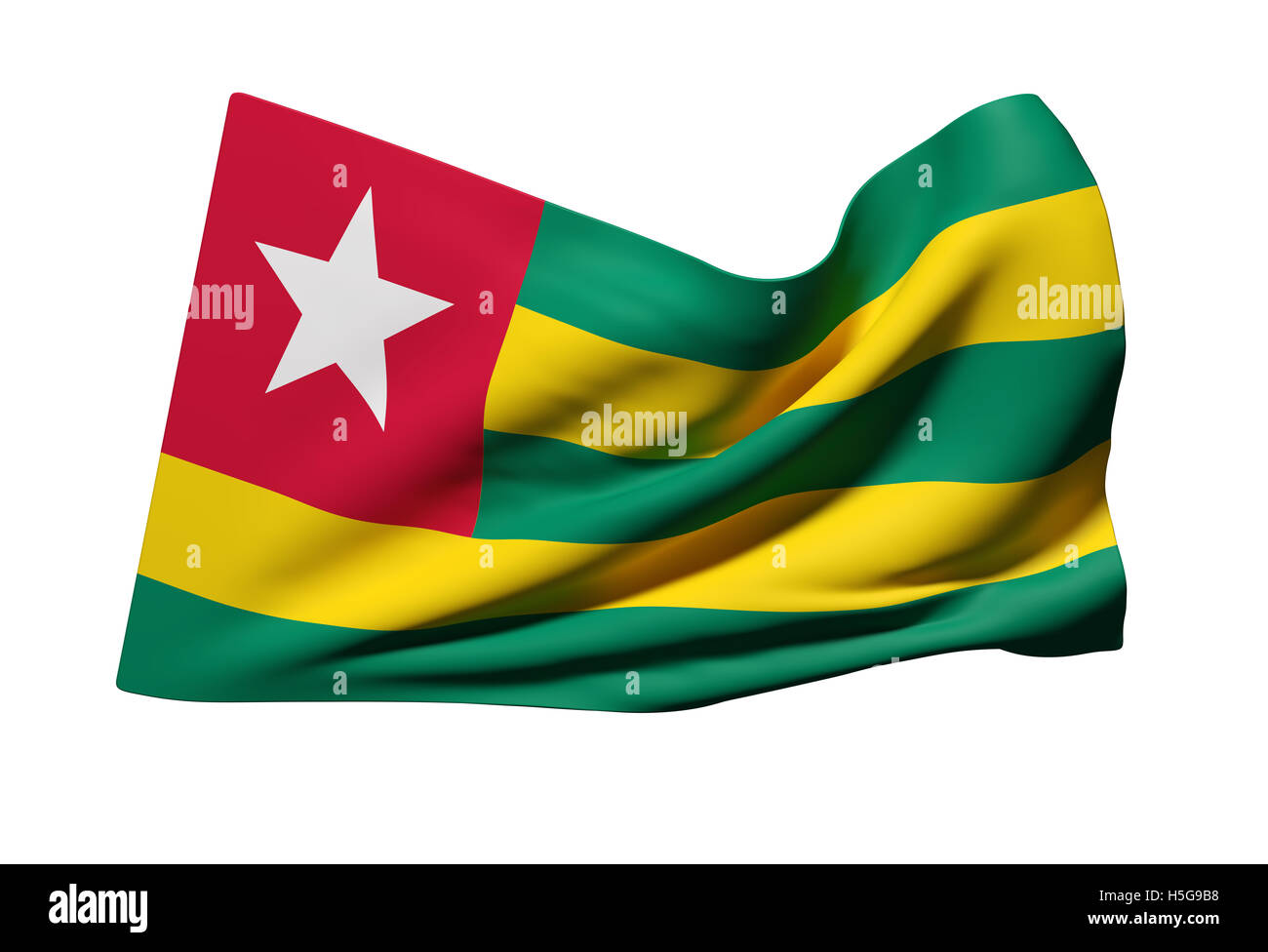 3D-Rendering einer Republik Togo-Flagge winken auf weißem Hintergrund Stockfoto
