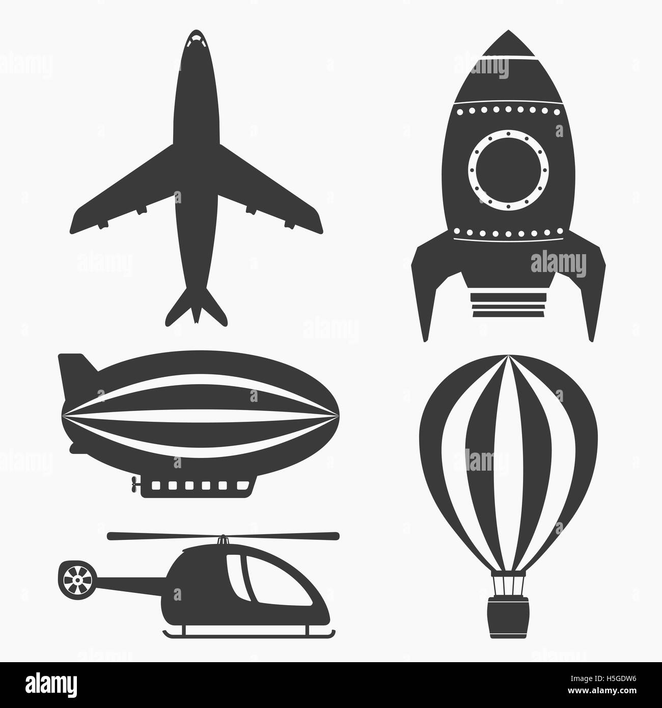 Luft Verkehr Icons Set, Hubschrauber, Flugzeug, Heißluft-Ballon, Luftschiff und Rakete Stockfoto