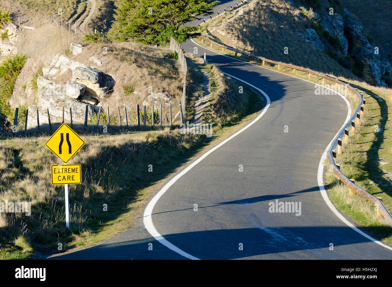 Kurvenreiche Straße mit "Straße verengt" und "Vorsicht" Verkehrszeichen, Te Mata Peak, Hastings, Hawke Bay, North Island, Neuseeland Stockfoto