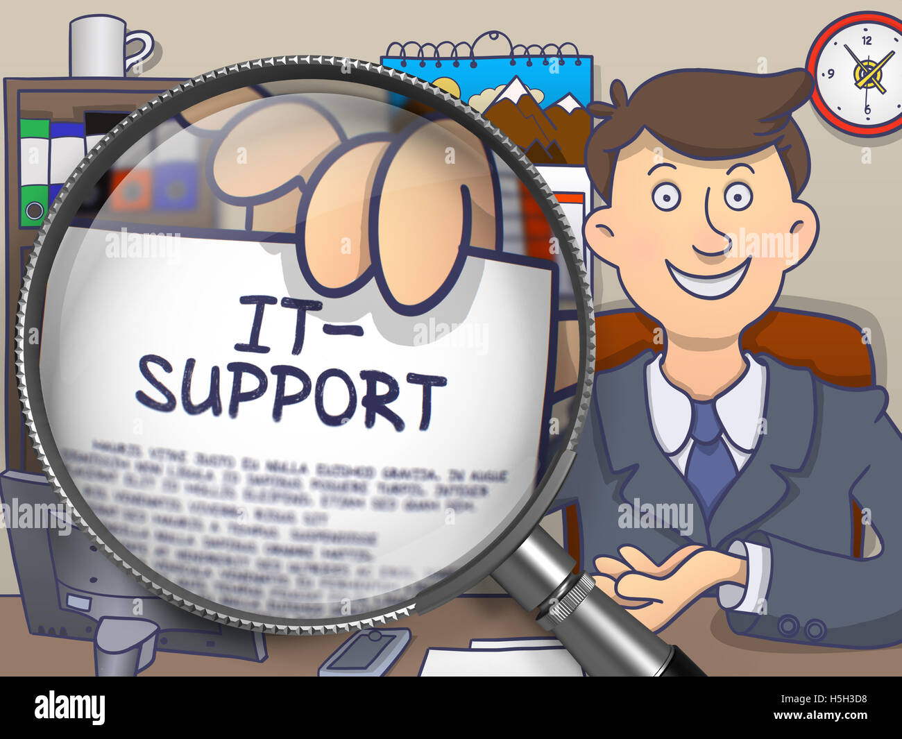 IT - Unterstützung durch Lupe. Doodle-Stil. Stockfoto