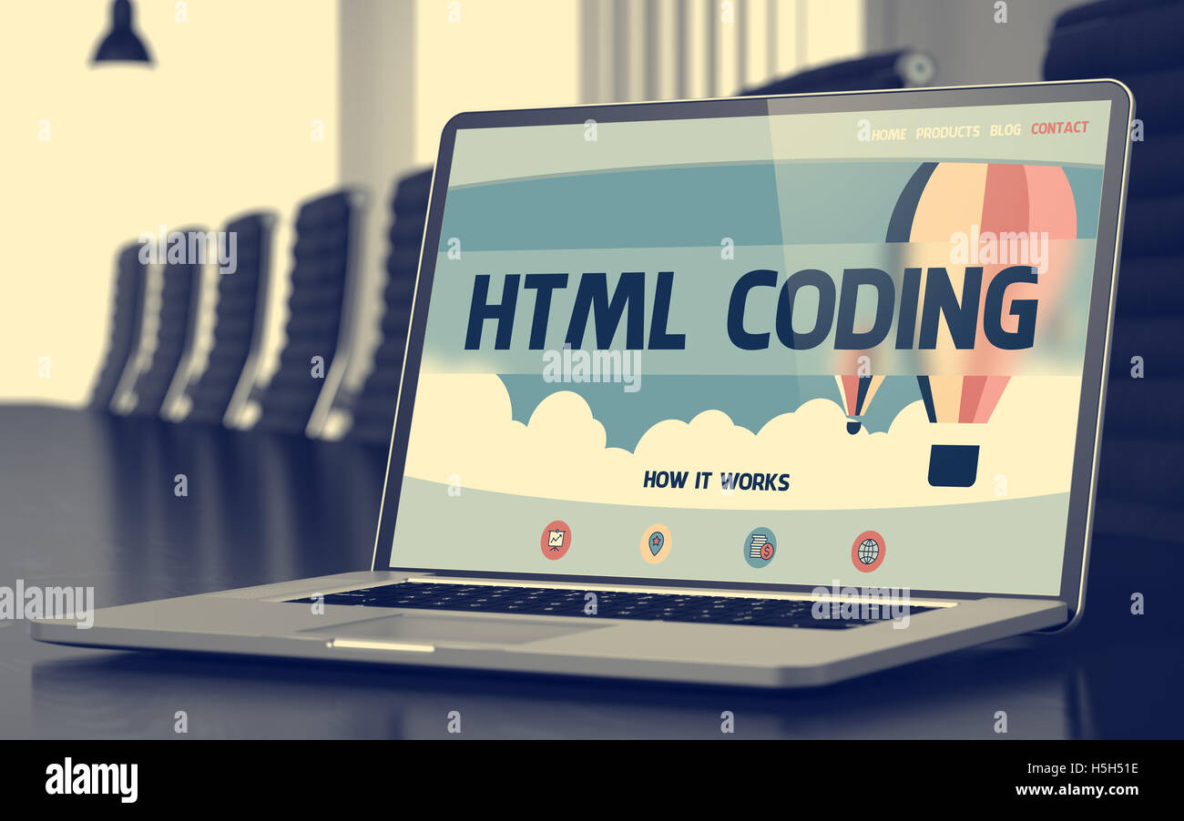 Landing-Page der Laptop mit HTML-Code Konzept. 3D. Stockfoto