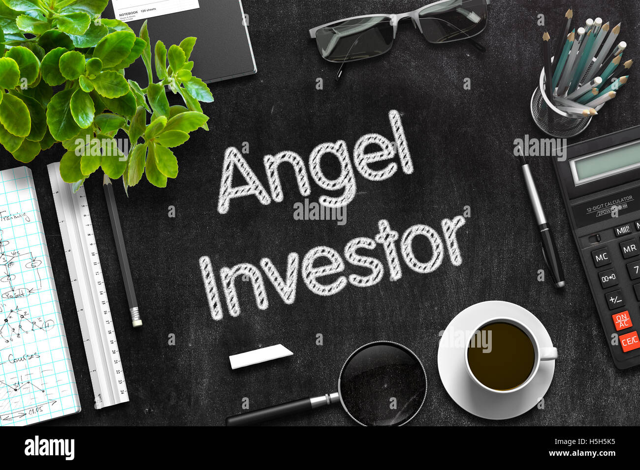 Schwarze Tafel mit Business Angel-Konzept. 3D-Rendering. Stockfoto