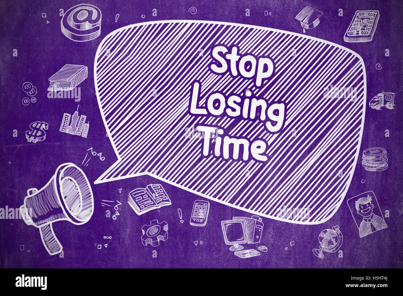 Zeitverlust - Doodle Illustration an lila Tafel zu stoppen. Stockfoto