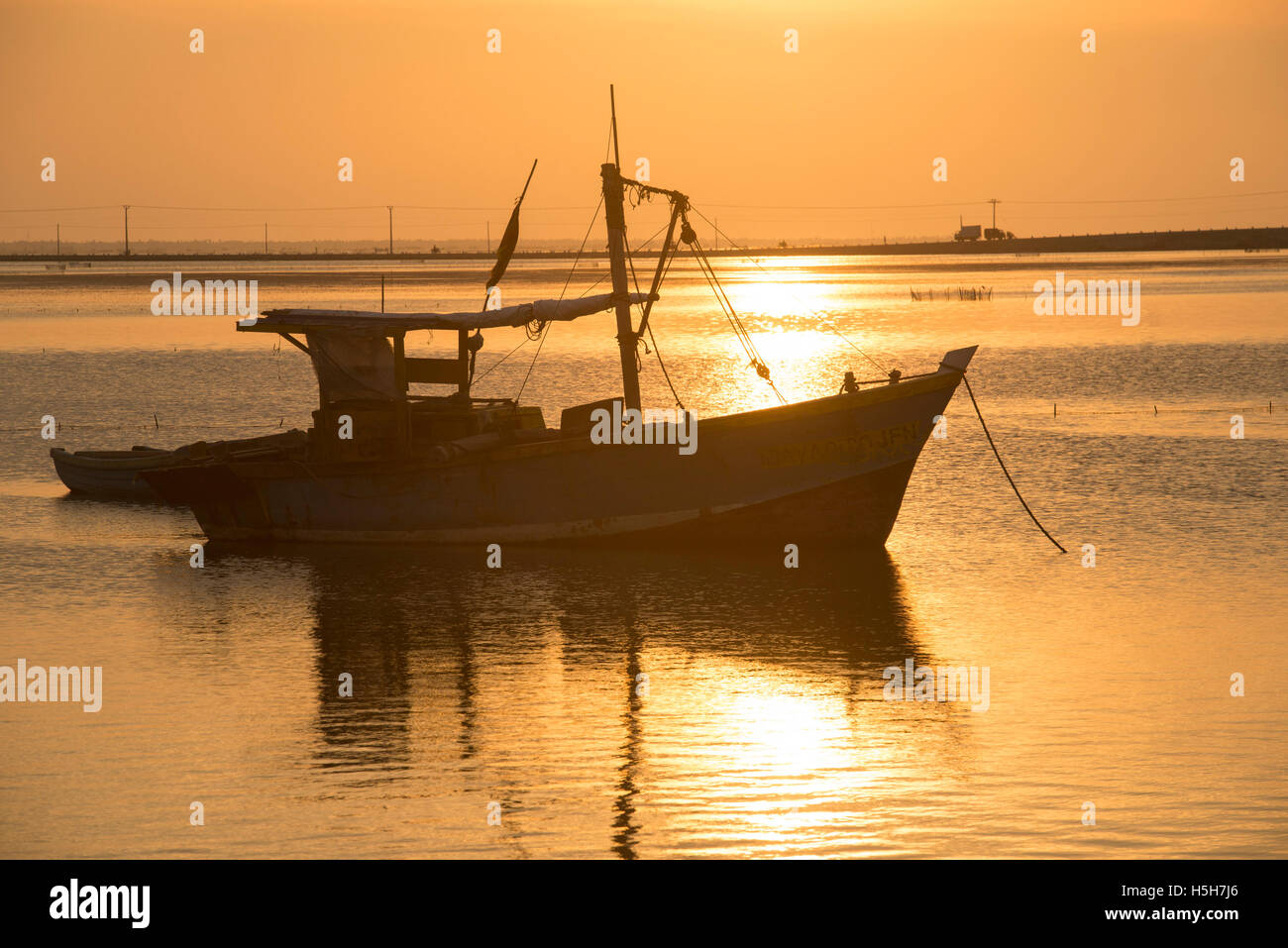Angelboote/Fischerboote am Hafen angedockt, bei Sonnenuntergang, Jaffna, Sri Lanka Stockfoto