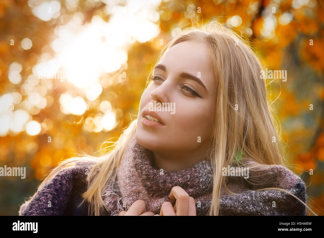 glückliche Frau im Park am herbstlichen Sonnenuntergang, getönten Bild Stockfoto
