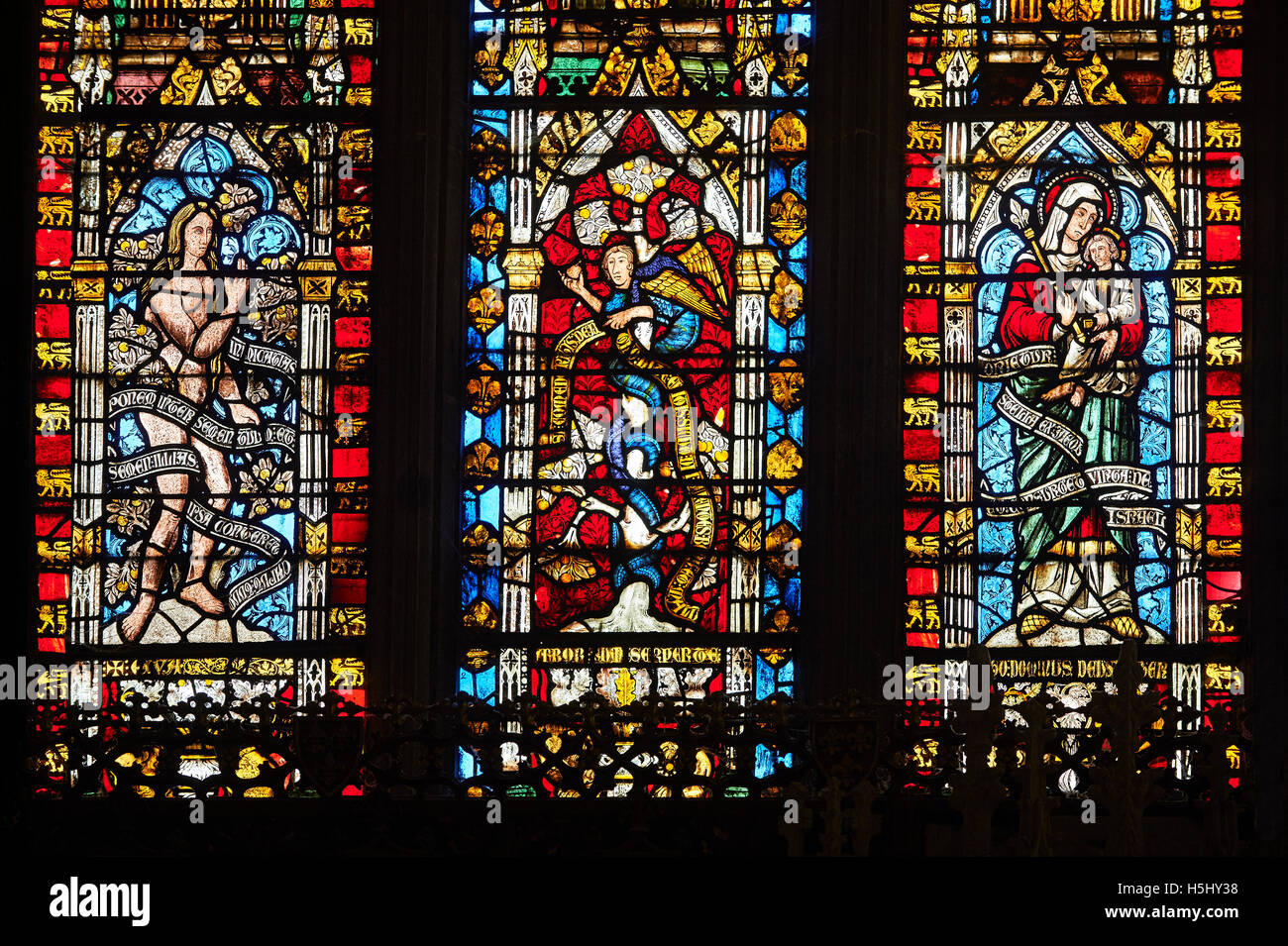 Glasmalerei der mittelalterlichen Brunnen-Kathedrale gebaut in den frühen englischen gotischen Stil im Jahre 1175, Wells, Somerset, England Stockfoto