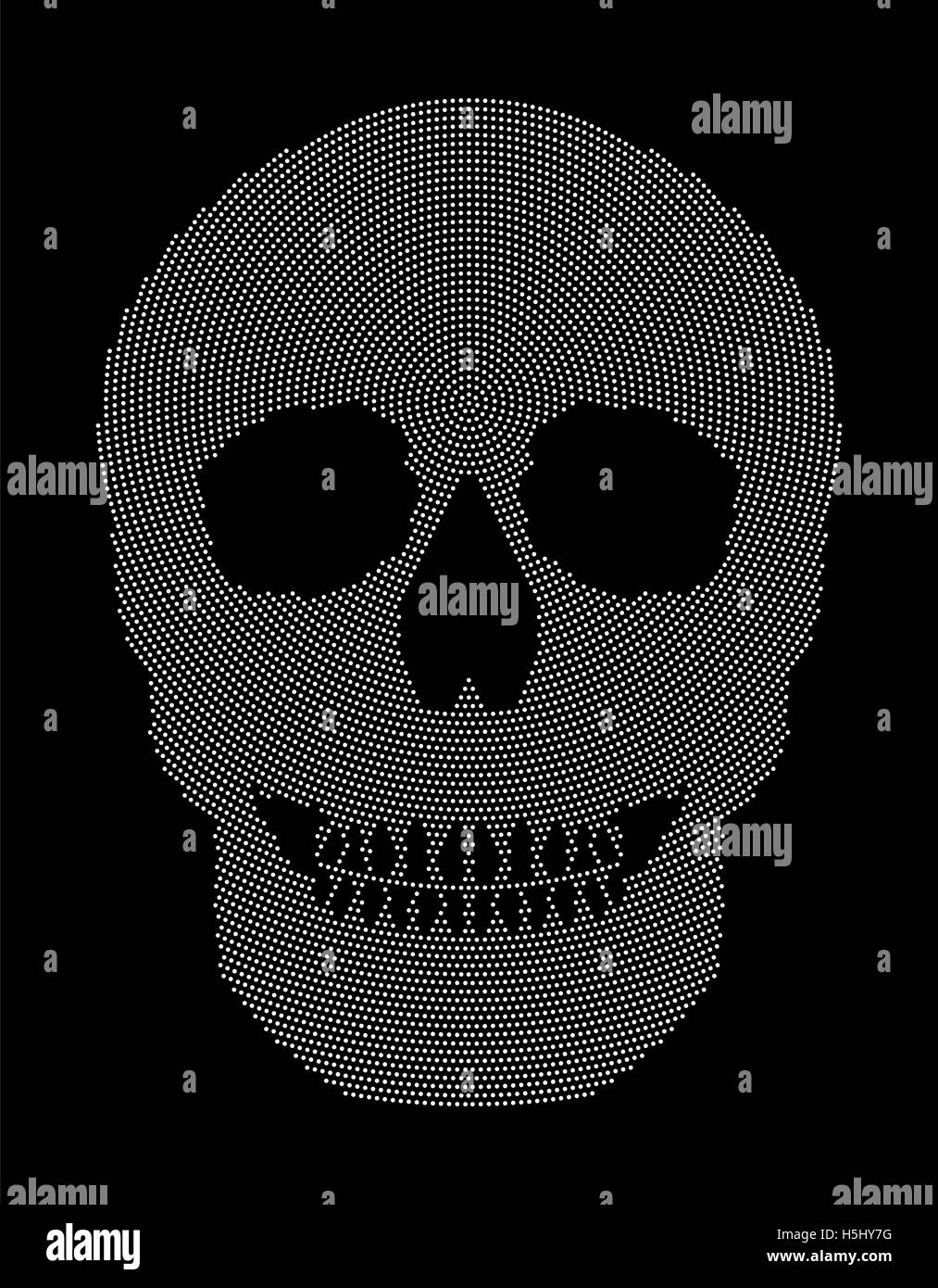 Schädel-radial Punktmuster. Symbol der Knochenstruktur eines Kopfes eines Skeletts. Von weißen Punkten gebildet. Stockfoto