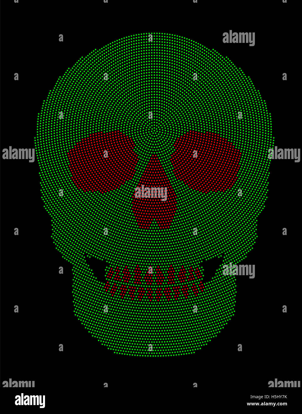 Schädel-grüne und rote Radial dot Muster. Symbol der Knochenstruktur eines Kopfes eines Skeletts. Durch Punkte gebildet. Stockfoto