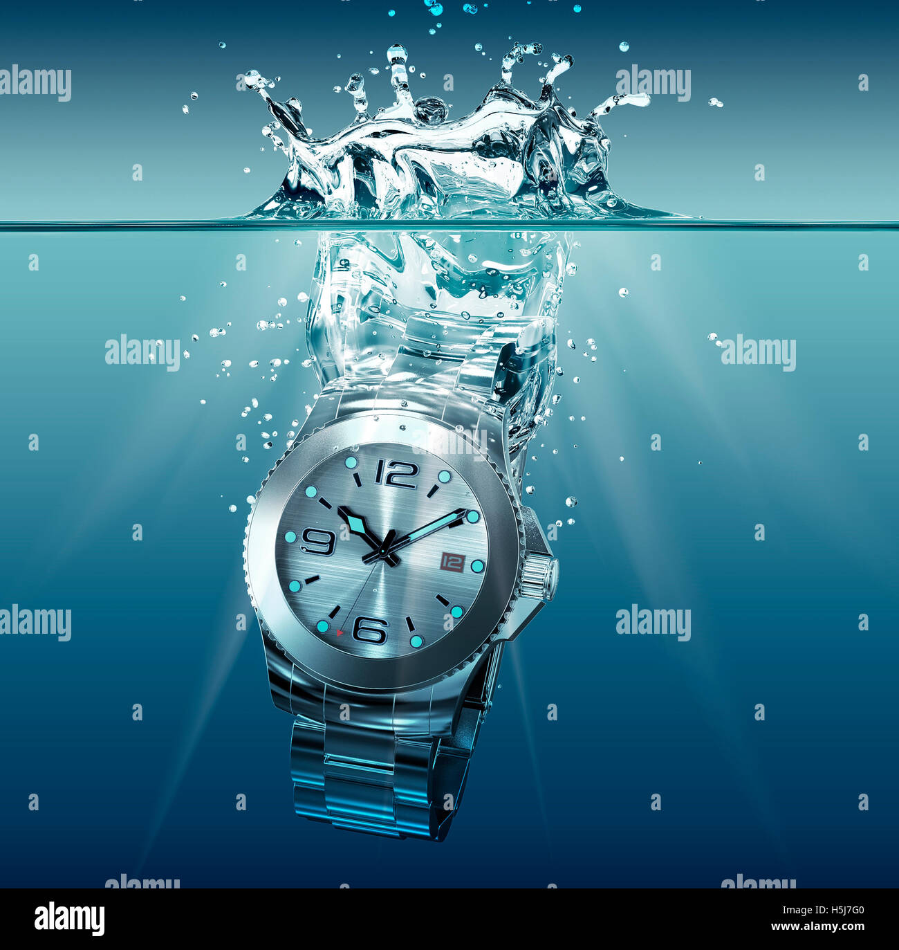 sehr schöne Uhr fallen im Wasser, 3d illustration Stockfoto