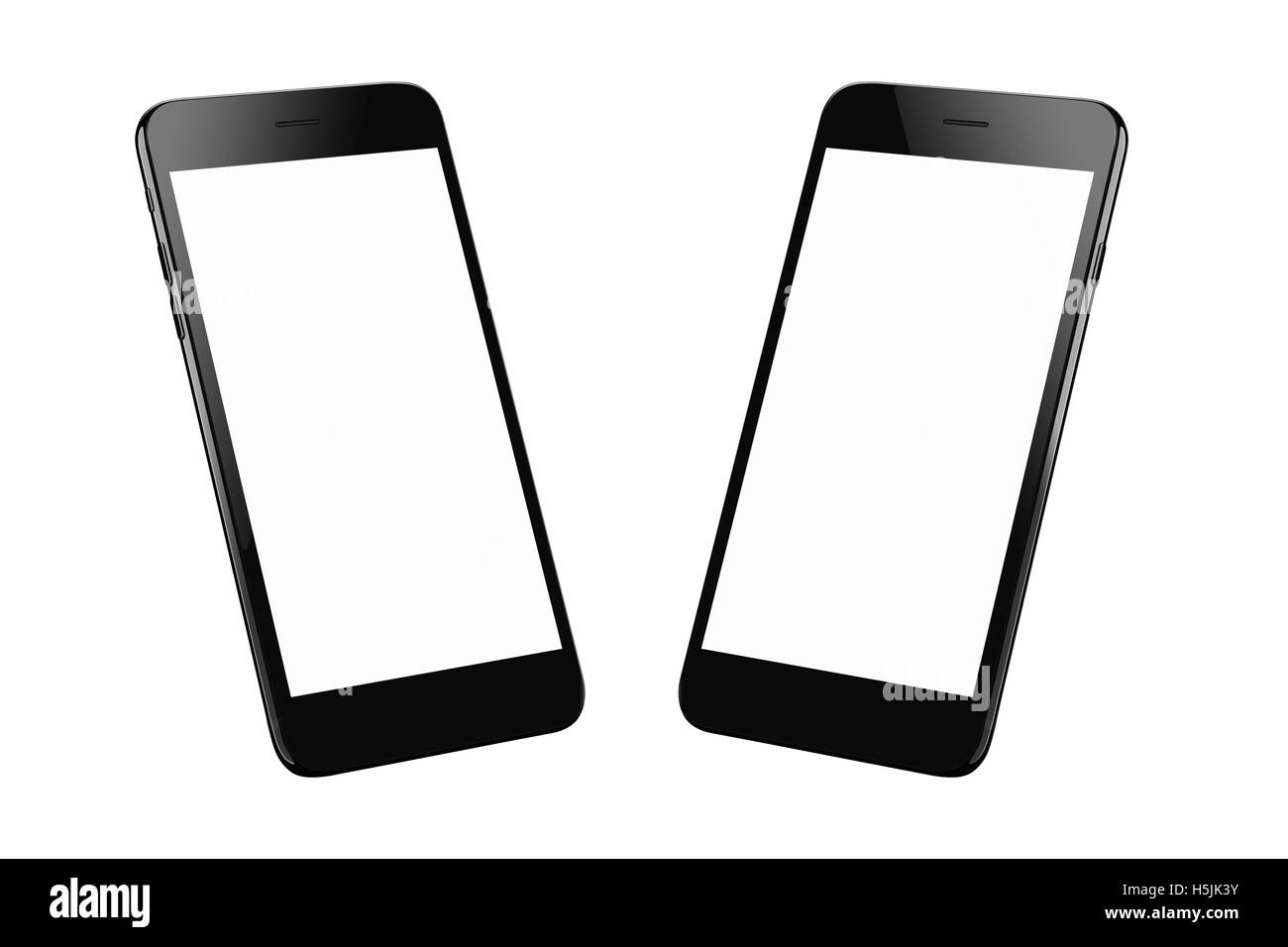 Schwarze moderne Smartphone isoliert. Zwei isometrische Positionen. Leerer Bildschirm für Mock-up. Stockfoto