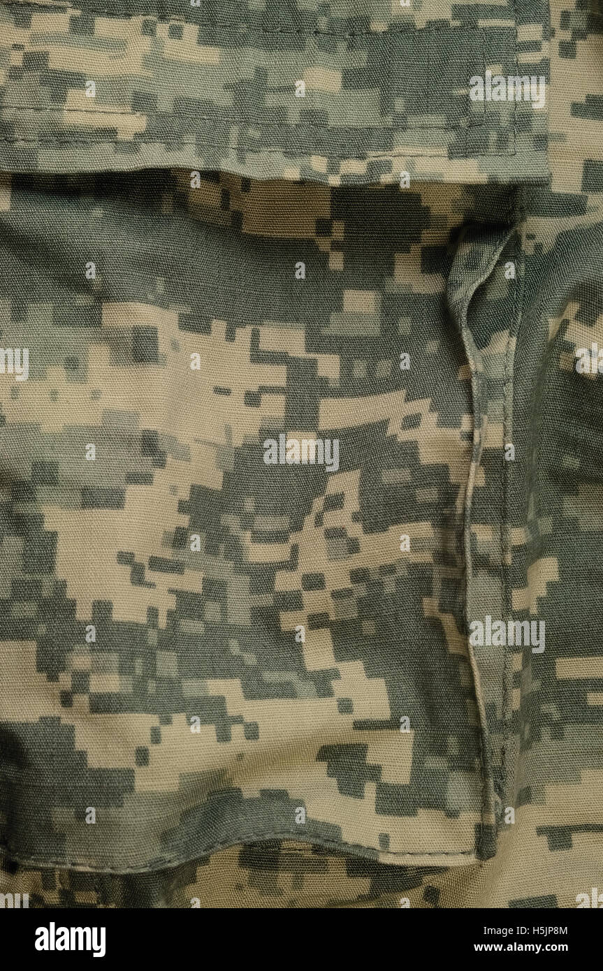 Universelle Camouflage Muster Cargotasche Lagerung, Armee gegen einheitliche digital Camo, USA militärische ACU Makro Nahaufnahme, detaillierte Stockfoto