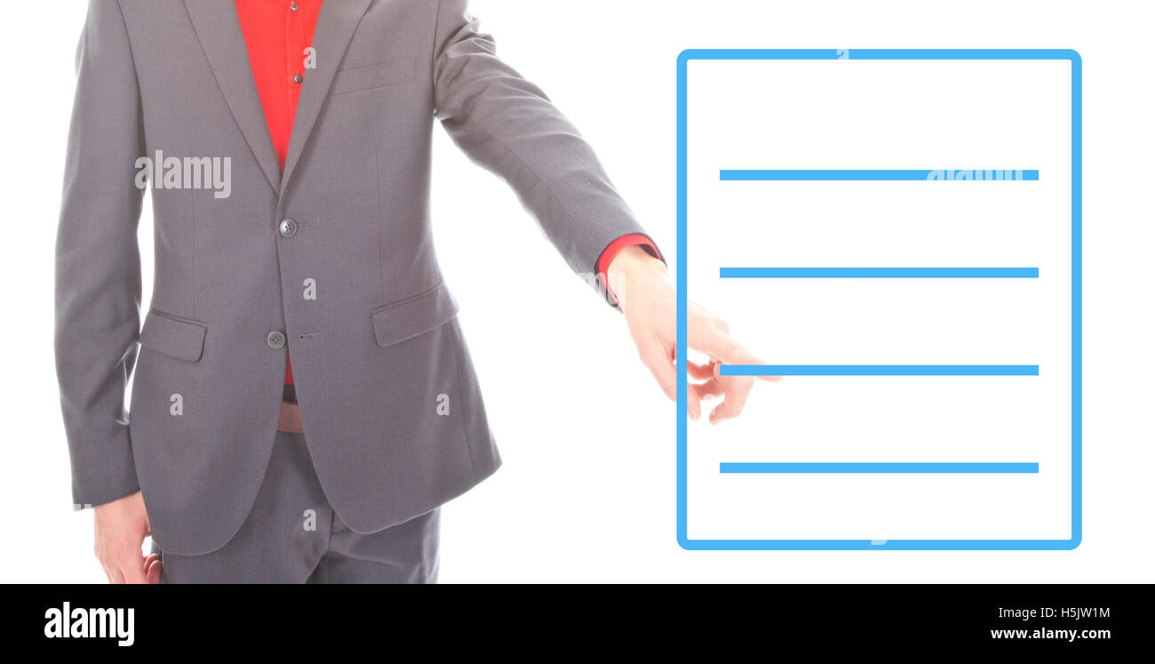 Junger Geschäftsmann mit leeren Liste auf weißem Hintergrund Stockfoto