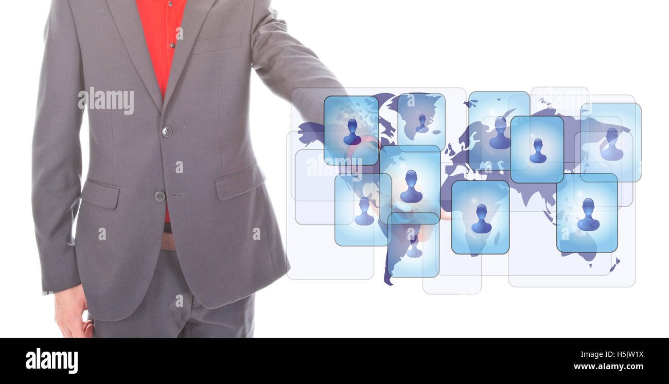 Junger Geschäftsmann mit virtuellen Freunden Symbol auf weißem Hintergrund Stockfoto