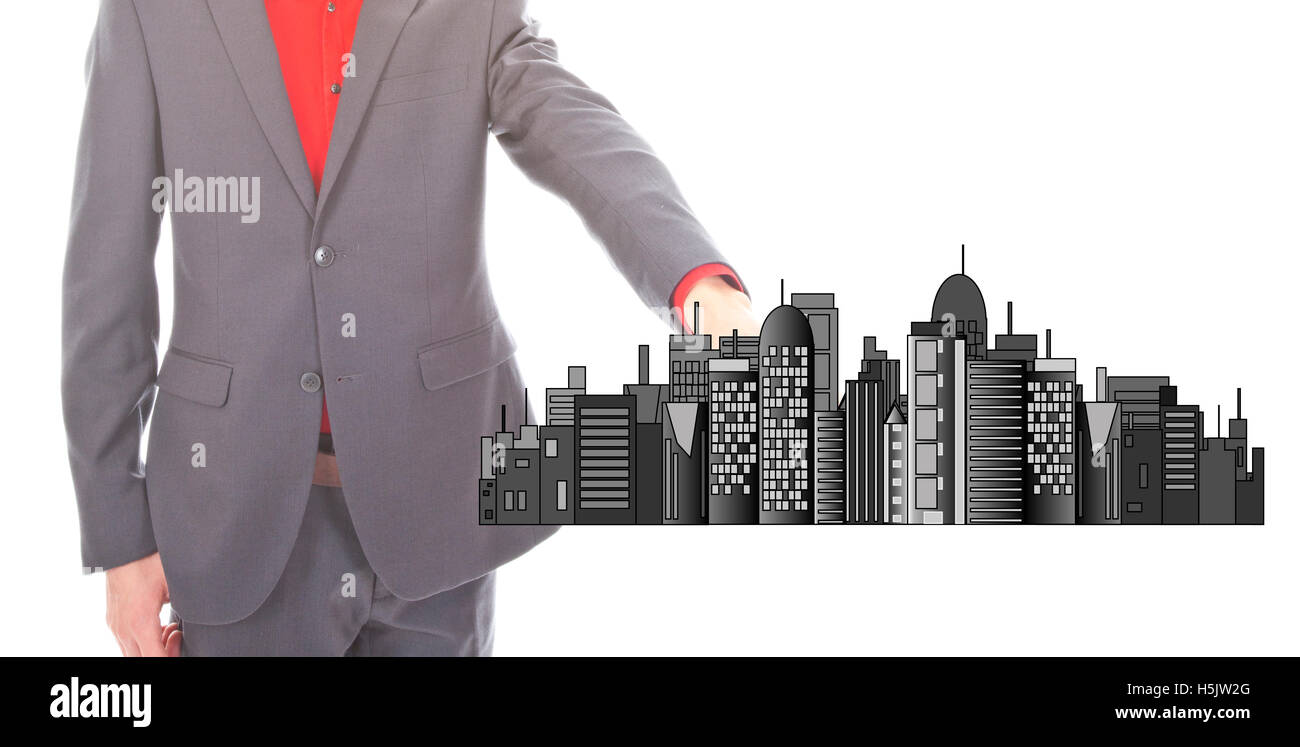 Junger Geschäftsmann mit Skyline der Stadt isoliert auf weißem Hintergrund Stockfoto