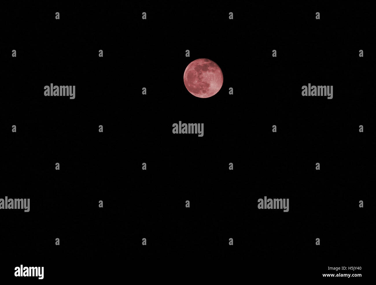 magische rote Mond in einer dunklen Nacht ohne Sterne Stockfoto