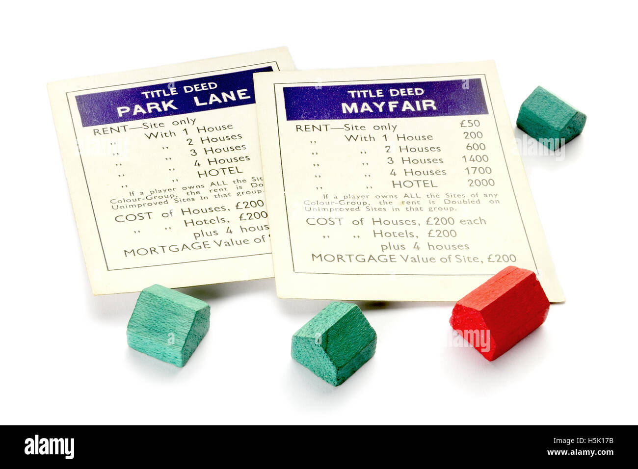 Vintage britische Monopoly-Spiel (Park Lane und Mayfair Eigentumsurkunde Karten) ca. 1940 Stockfoto
