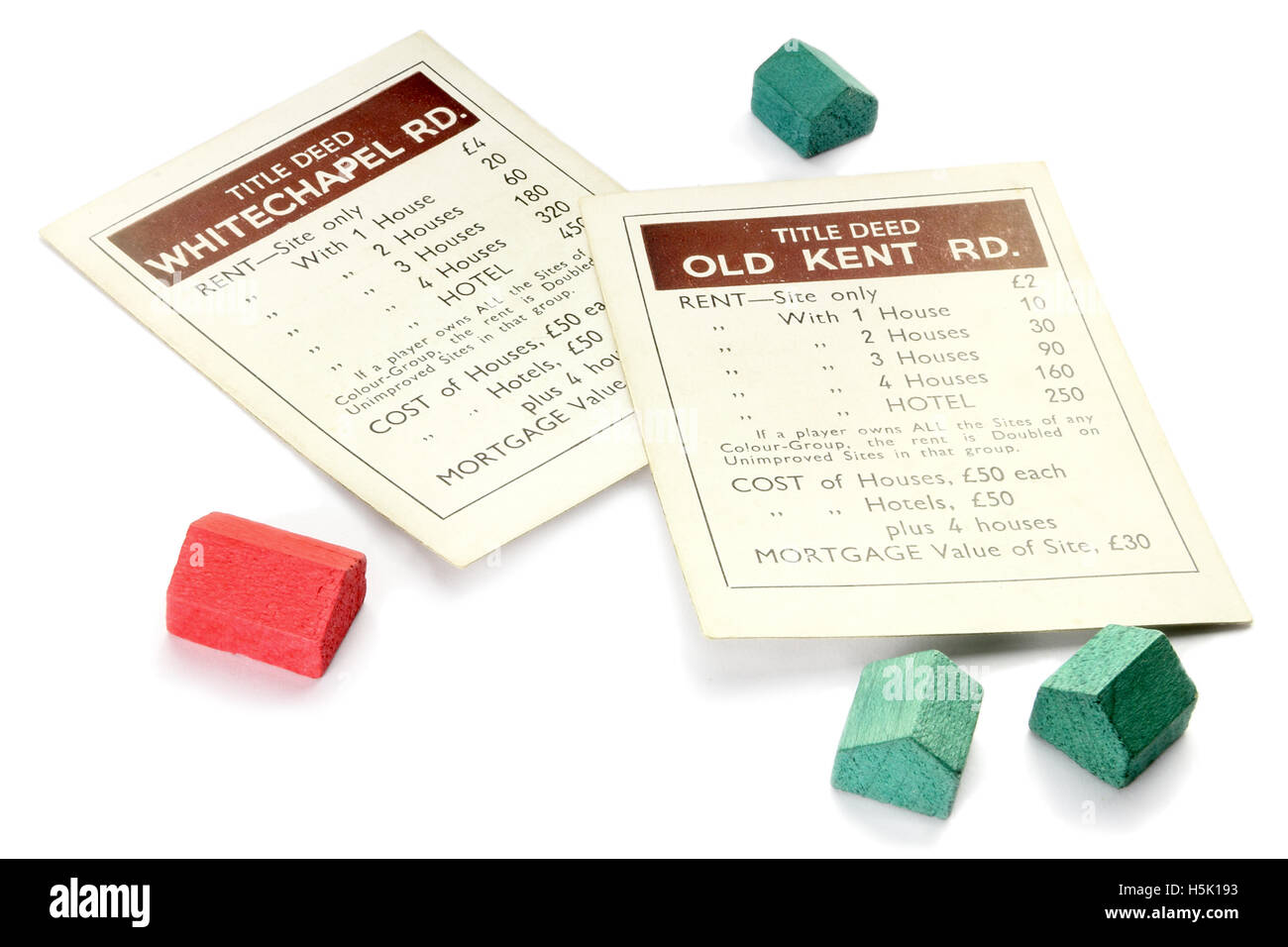 Vintage britische Monopoly-Spiel (Whitechapel Road und Old Kent Road Eigentumsurkunden) ca. 1940 Stockfoto