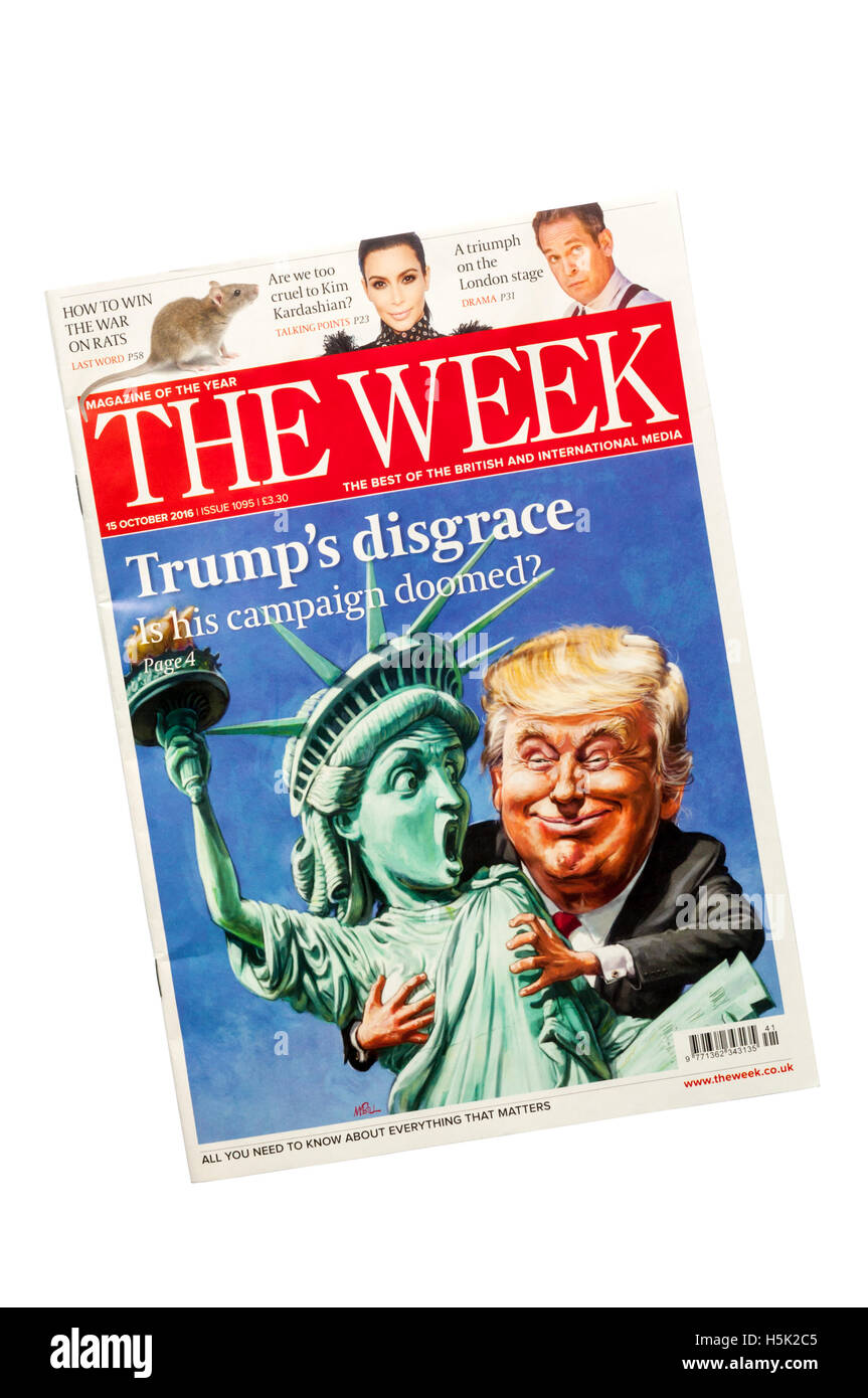 Titelbild der Zeitschrift The Week zeigt Donald Trump tastend die Statue of Liberty. Stockfoto