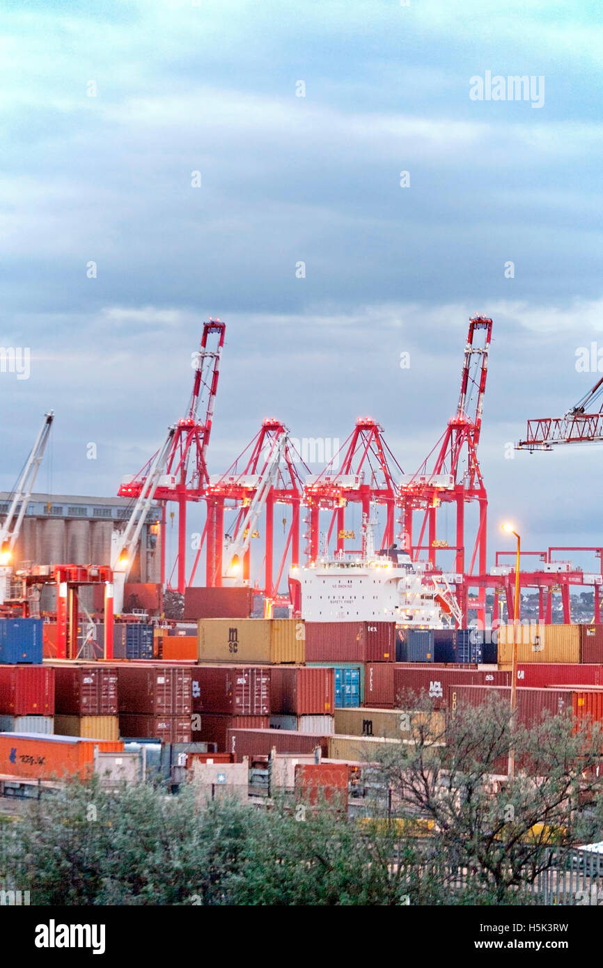 Chinesische Dockkräne und Containerhafen: Britische Exporte und Importe werden in Seaforth Docks, Liverpool2, Merseyside, Großbritannien entladen und geladen Stockfoto