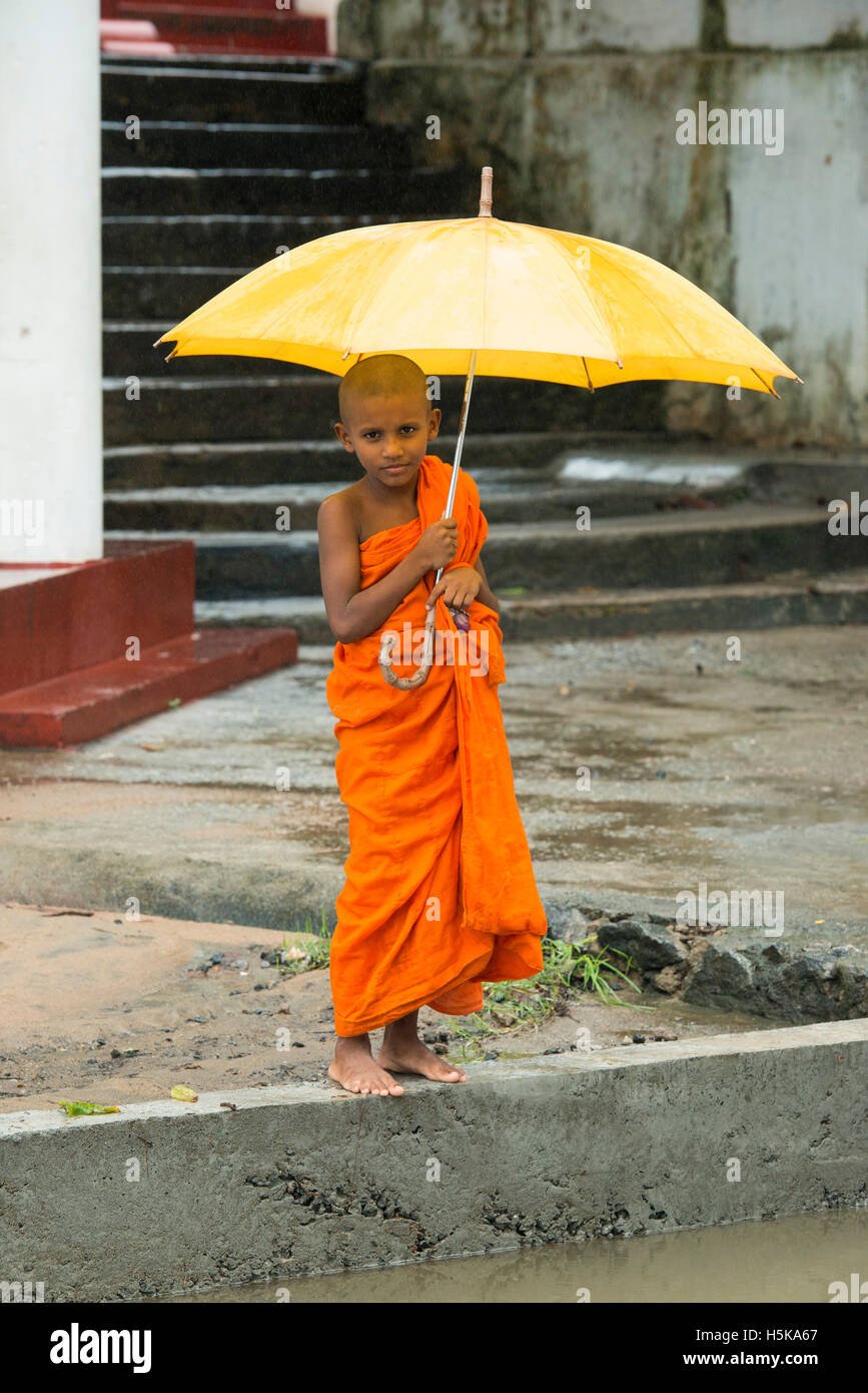 Junger Mönch mit einem Regenschirm im Regen, Dimbulagala buddhistische Kloster in der Nähe von Polonnaruwa, Sri Lanka Stockfoto