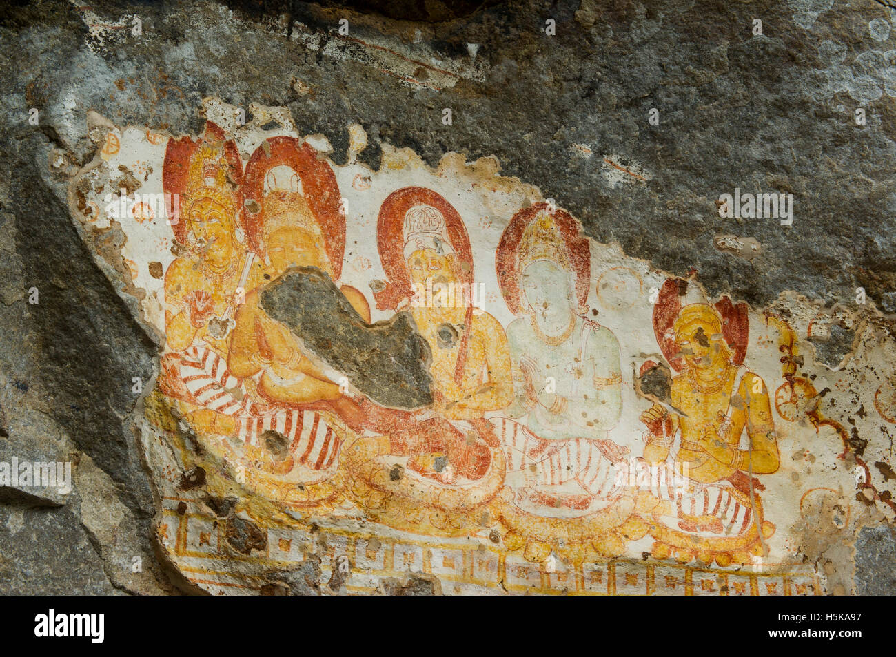 Pulligoda Höhle Gemälde aus dem 4. Jahrhundert n. Chr., Dimbulagala, in der Nähe von Polonnaruwa, Sri Lanka Stockfoto